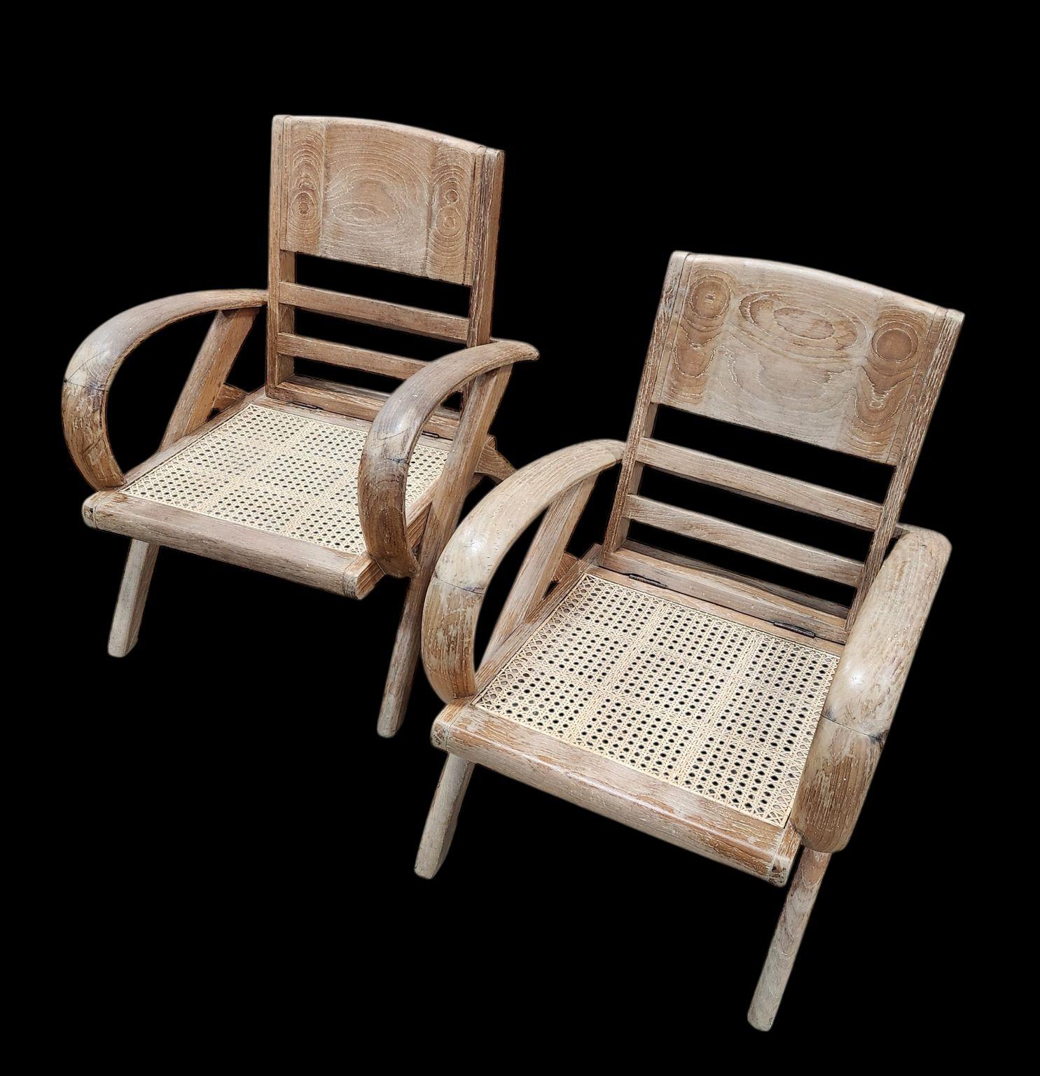 Pair Of French Art Deco Cerused Oak Chairs Attributed to Rene Gabriel C.1940 For Sale 2