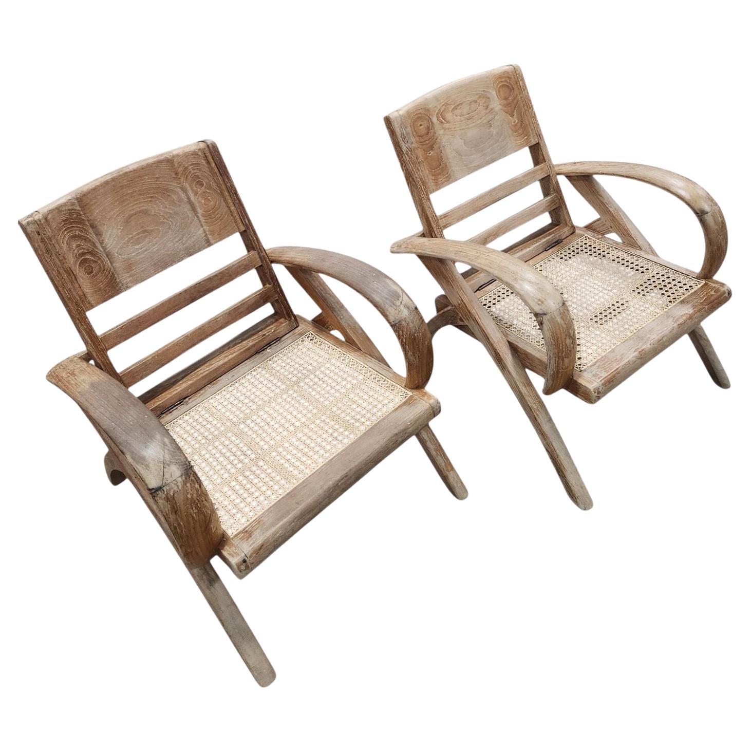 Pair Of French Art Deco Cerused Oak Chairs Attributed to Rene Gabriel C.1940
