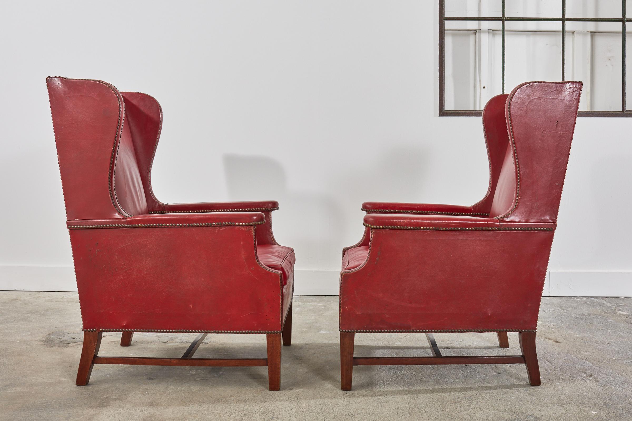 Pair of French Art Deco Cherry Red Leather Wingback Chairs For Sale 1