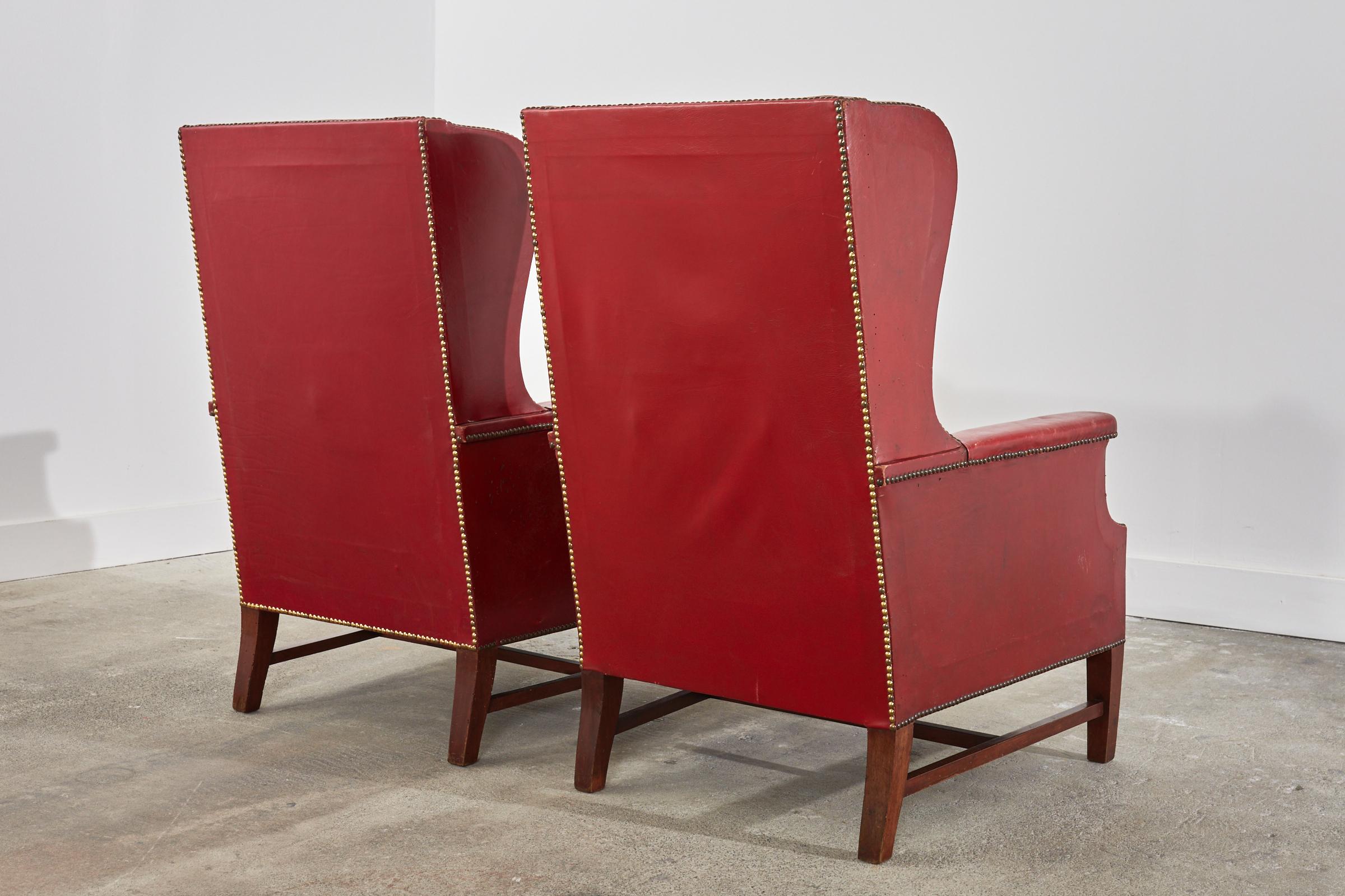 Pair of French Art Deco Cherry Red Leather Wingback Chairs For Sale 2