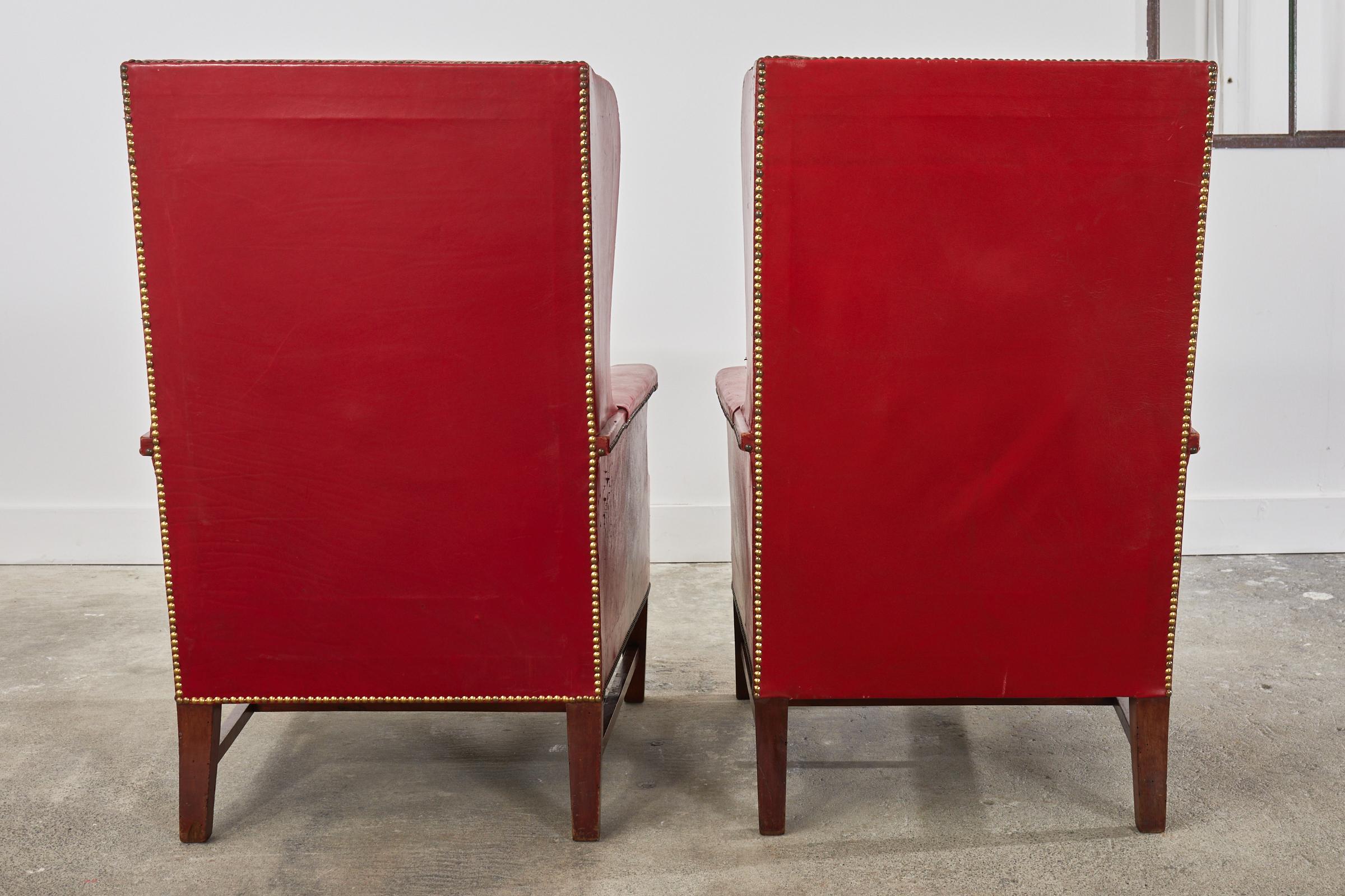 Pair of French Art Deco Cherry Red Leather Wingback Chairs For Sale 3