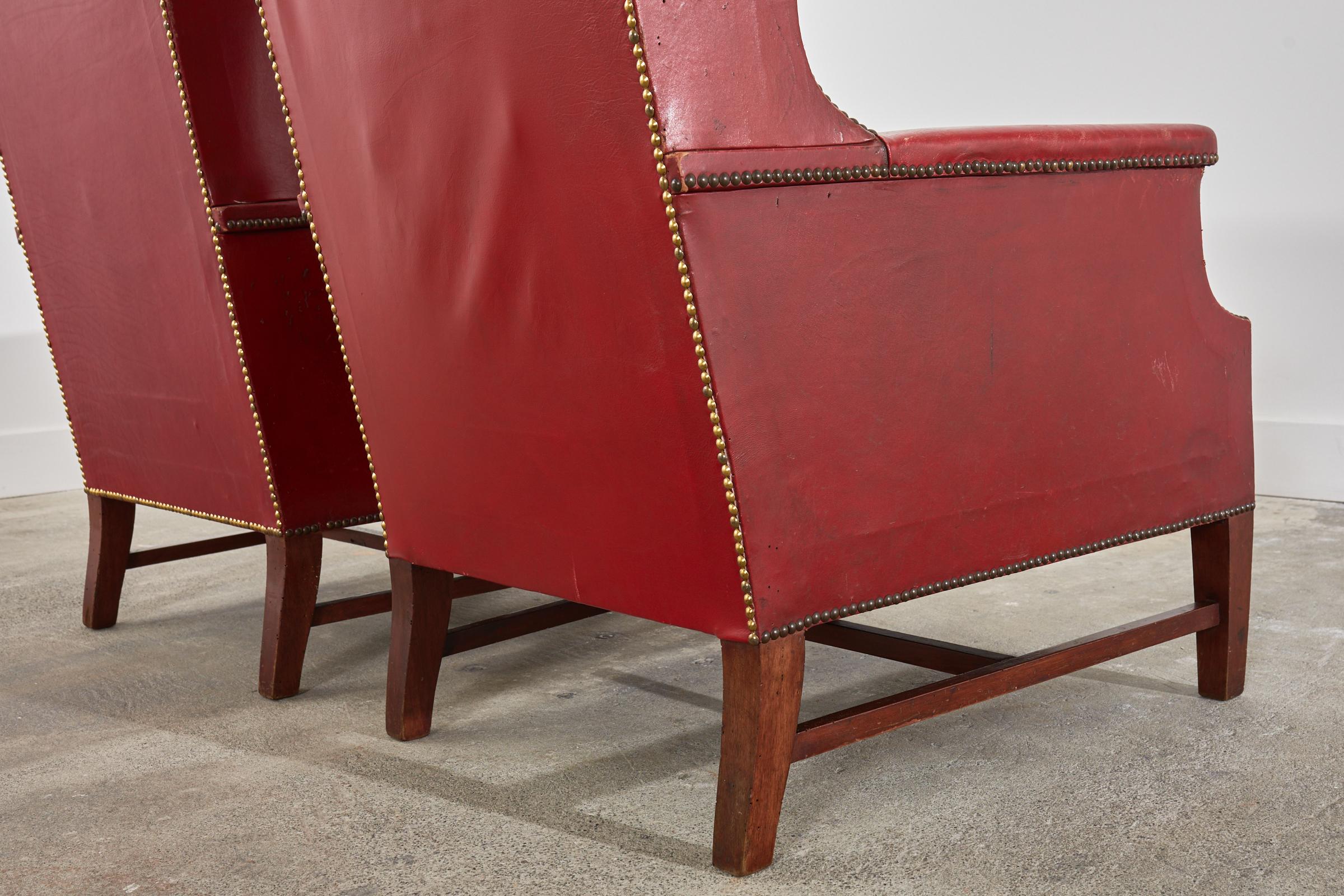 Pair of French Art Deco Cherry Red Leather Wingback Chairs For Sale 4