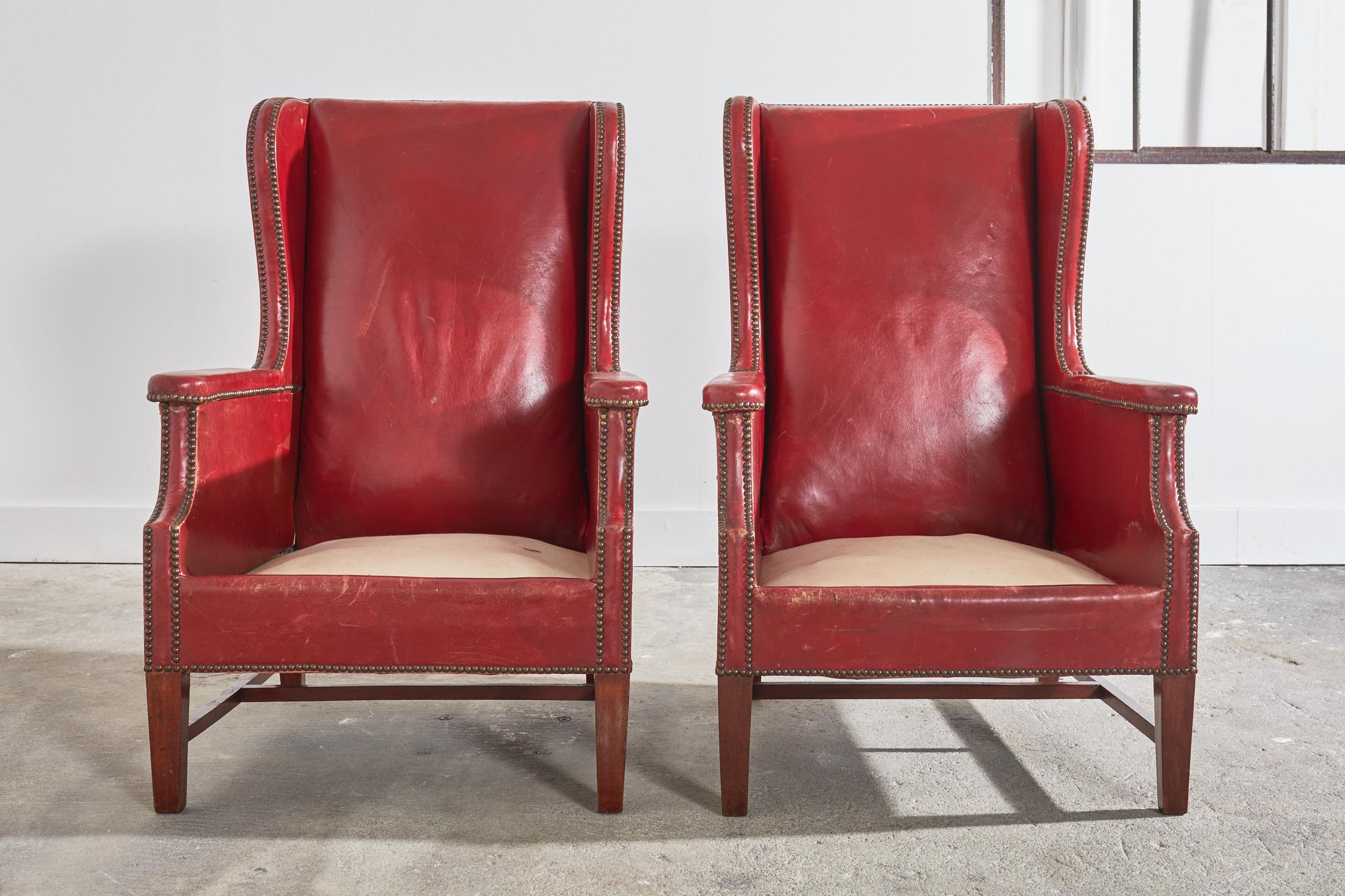 Pair of French Art Deco Cherry Red Leather Wingback Chairs For Sale 7