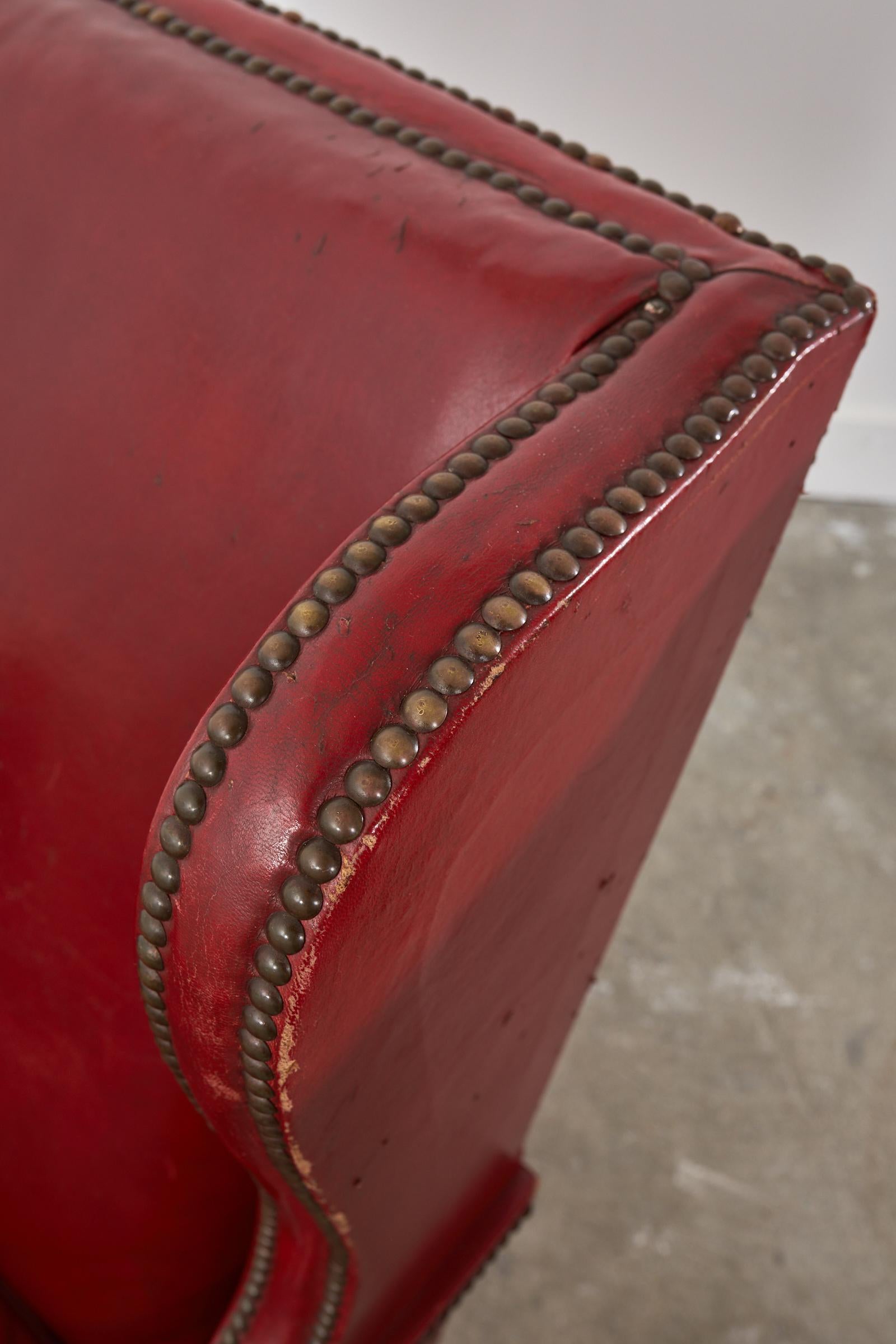 Pair of French Art Deco Cherry Red Leather Wingback Chairs For Sale 8