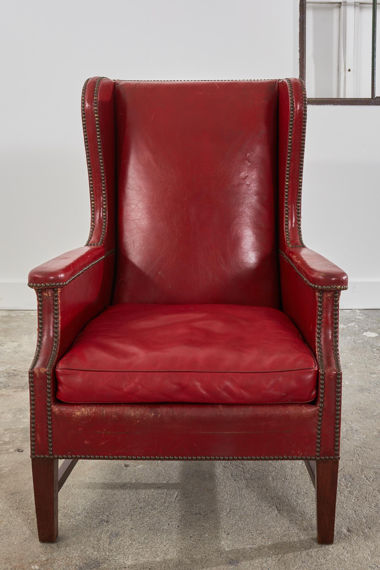 Pair of French Art Deco Cherry Red Leather Wingback Chairs For Sale 9