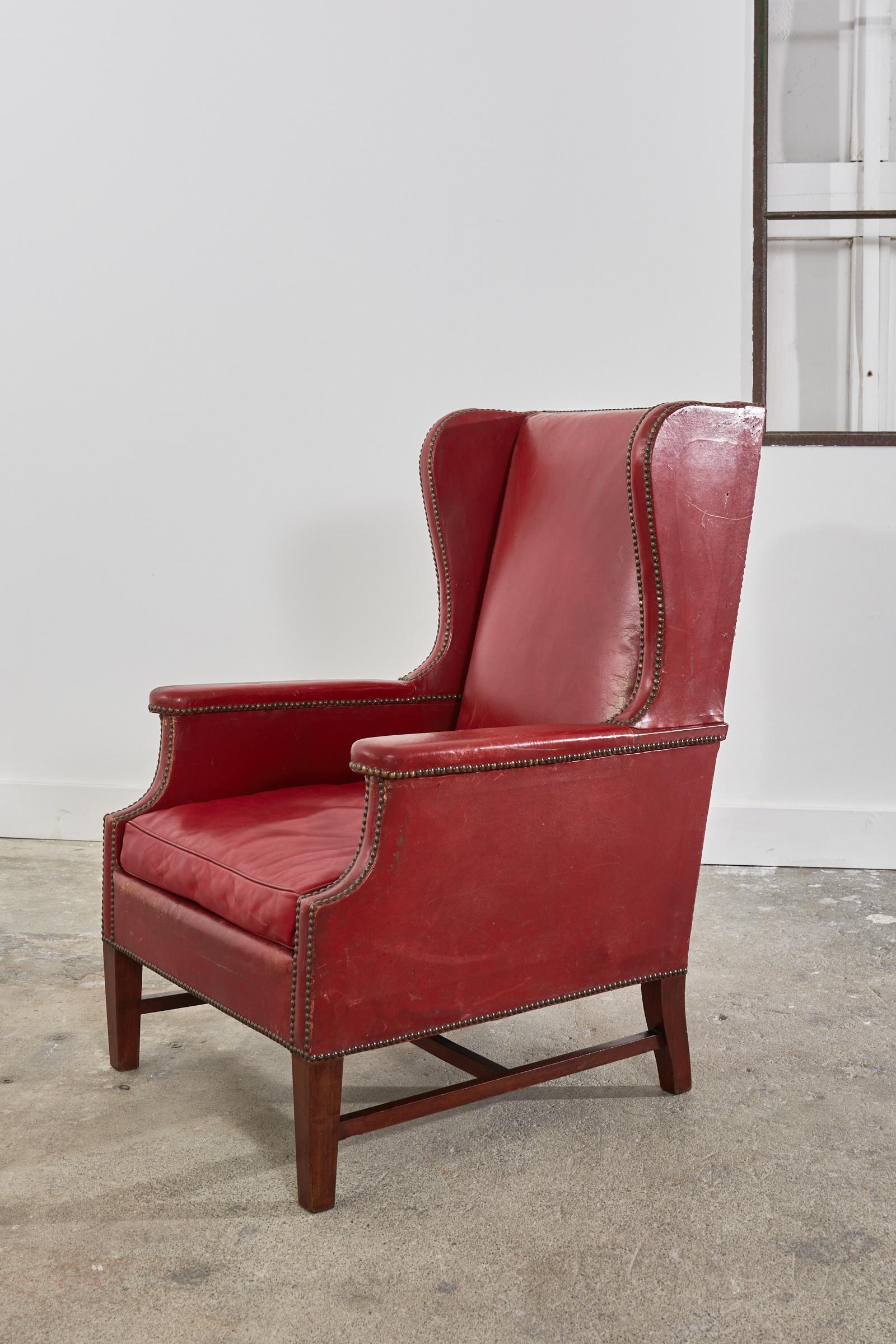 Pair of French Art Deco Cherry Red Leather Wingback Chairs For Sale 10