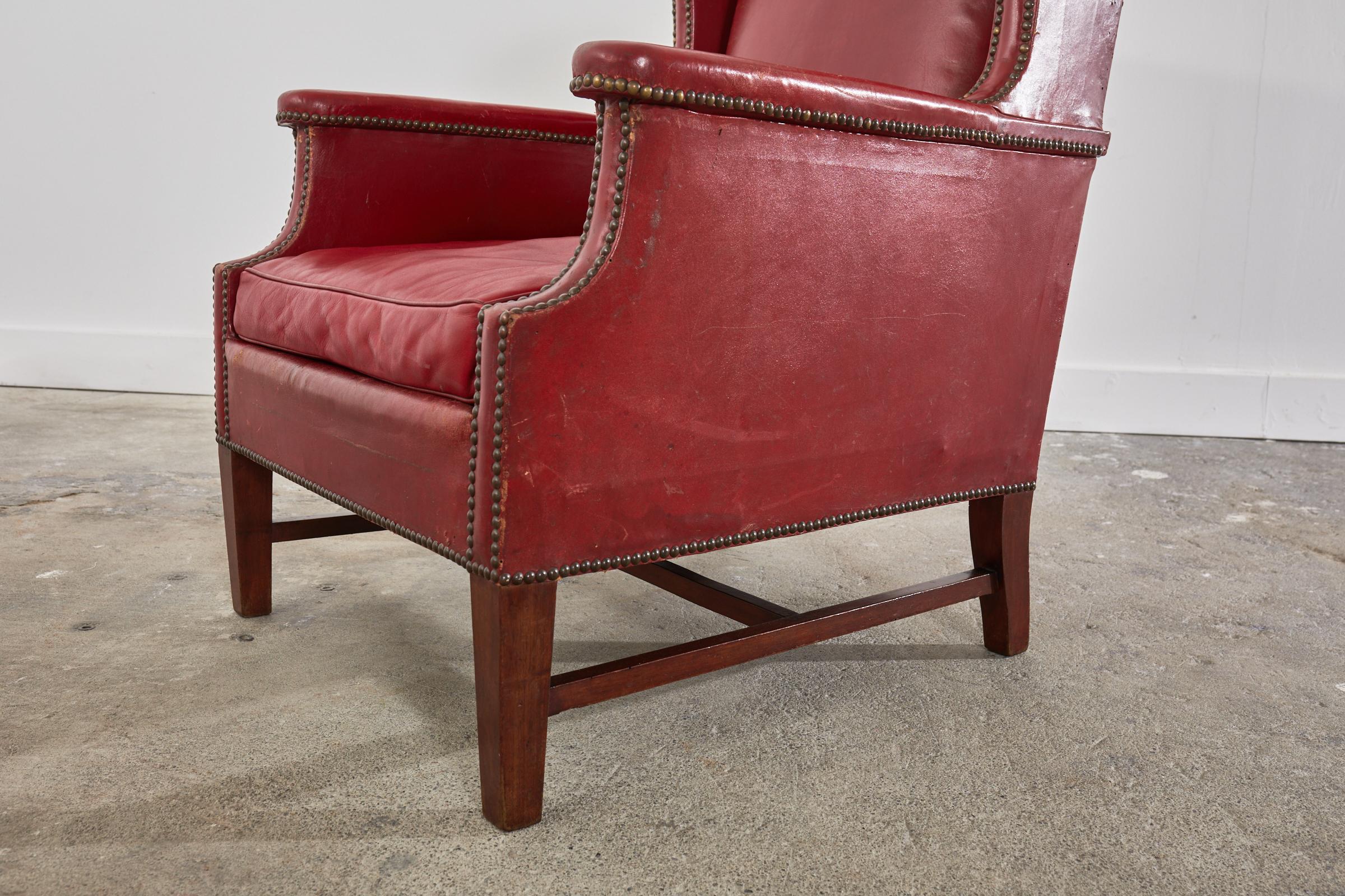 Pair of French Art Deco Cherry Red Leather Wingback Chairs For Sale 11