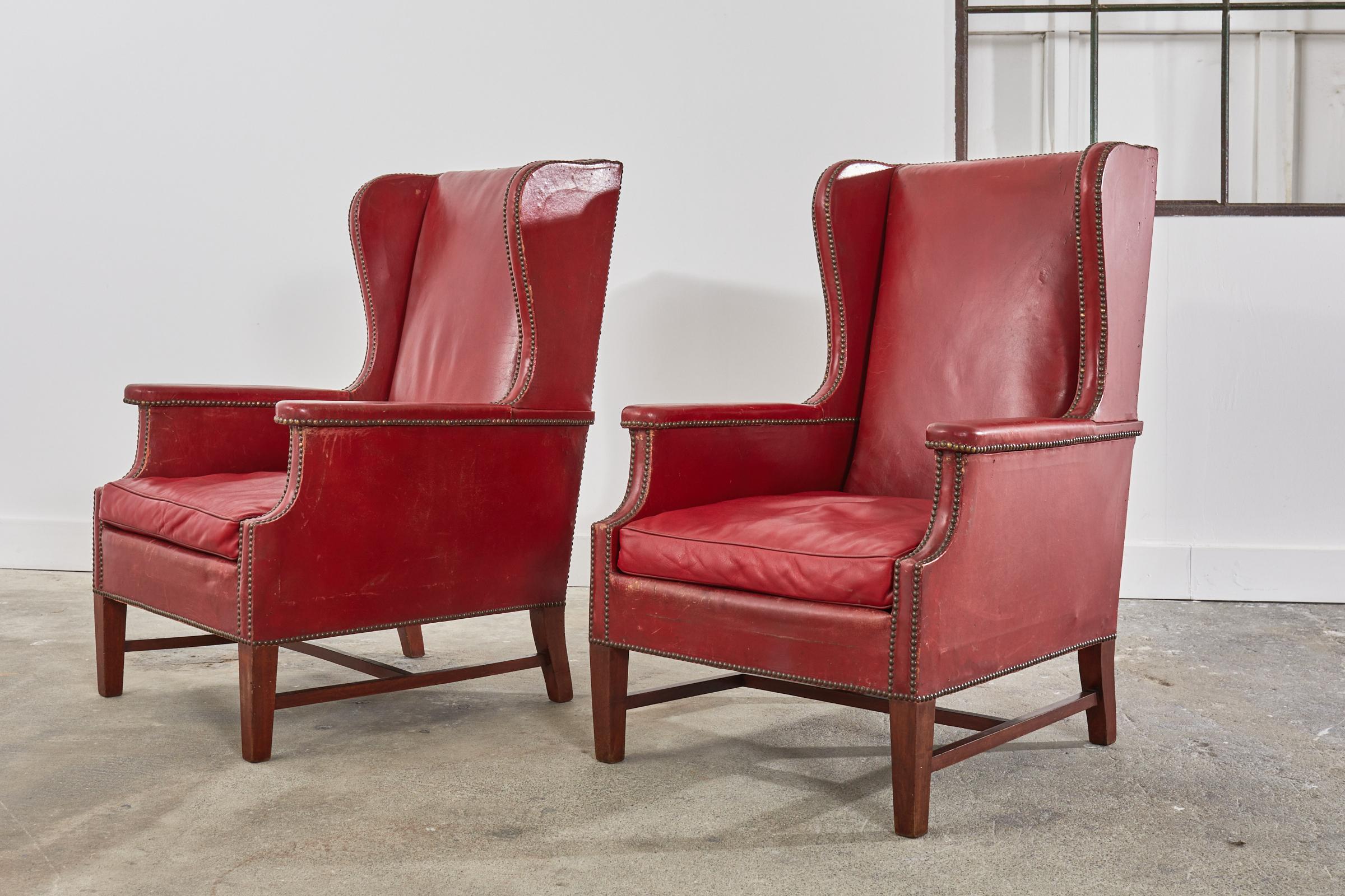 Hand-Crafted Pair of French Art Deco Cherry Red Leather Wingback Chairs For Sale