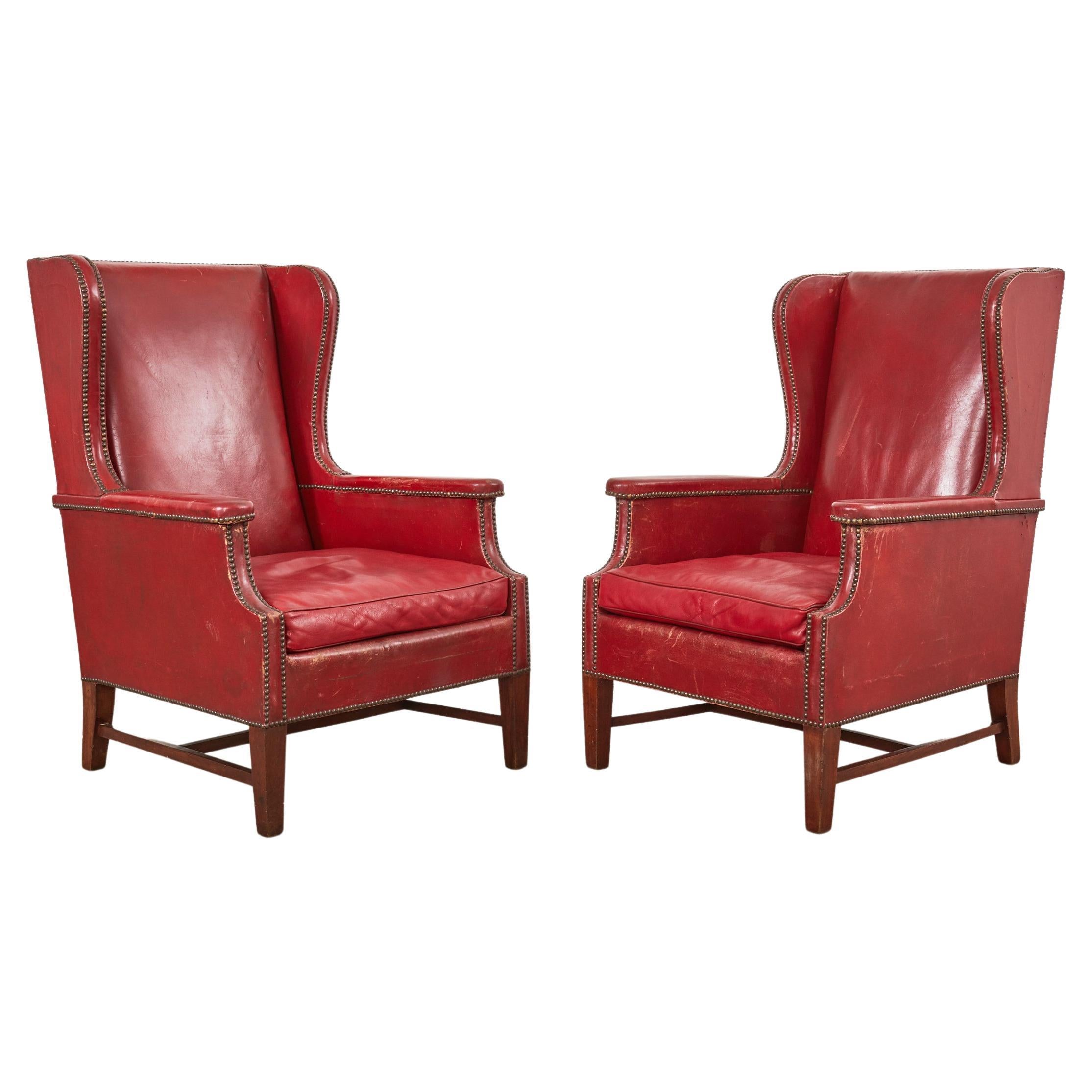 Pair of French Art Deco Cherry Red Leather Wingback Chairs For Sale
