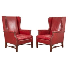 Vintage Pair of French Art Deco Cherry Red Leather Wingback Chairs