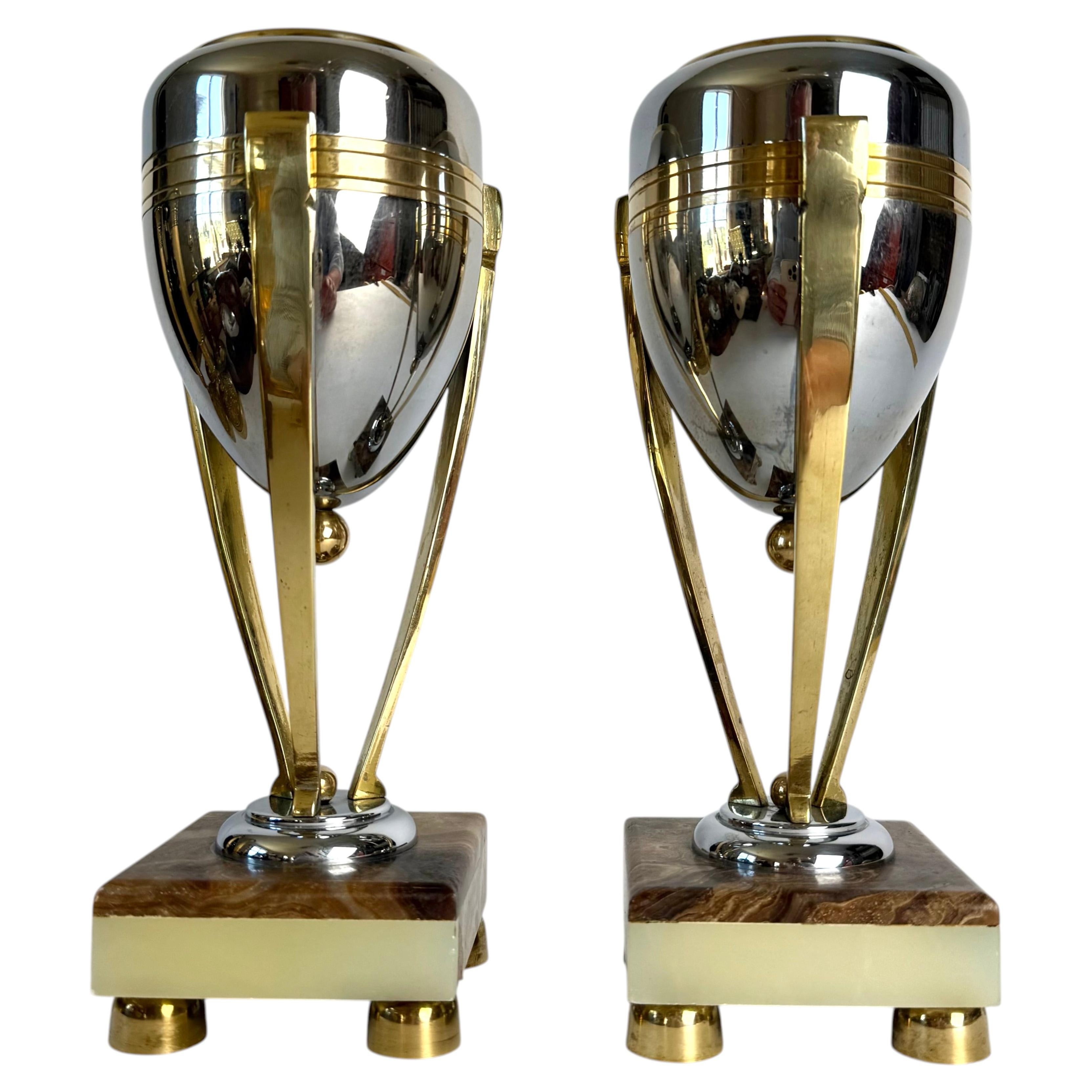 Pair of French Art Deco Chrome, Brass and Marble Tazzas, 1920s–1930s For Sale