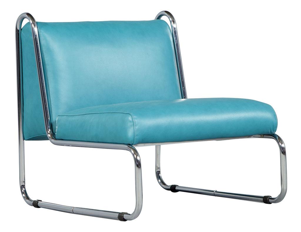 Pair of French Art Deco chrome tubular frame and leather lounge chairs.
A unique pair of tubular framed French Art Deco lounge chairs. Newly upholstered in a sea blue, butter soft Italian leather. These frames feature a low tubular steel frame,
