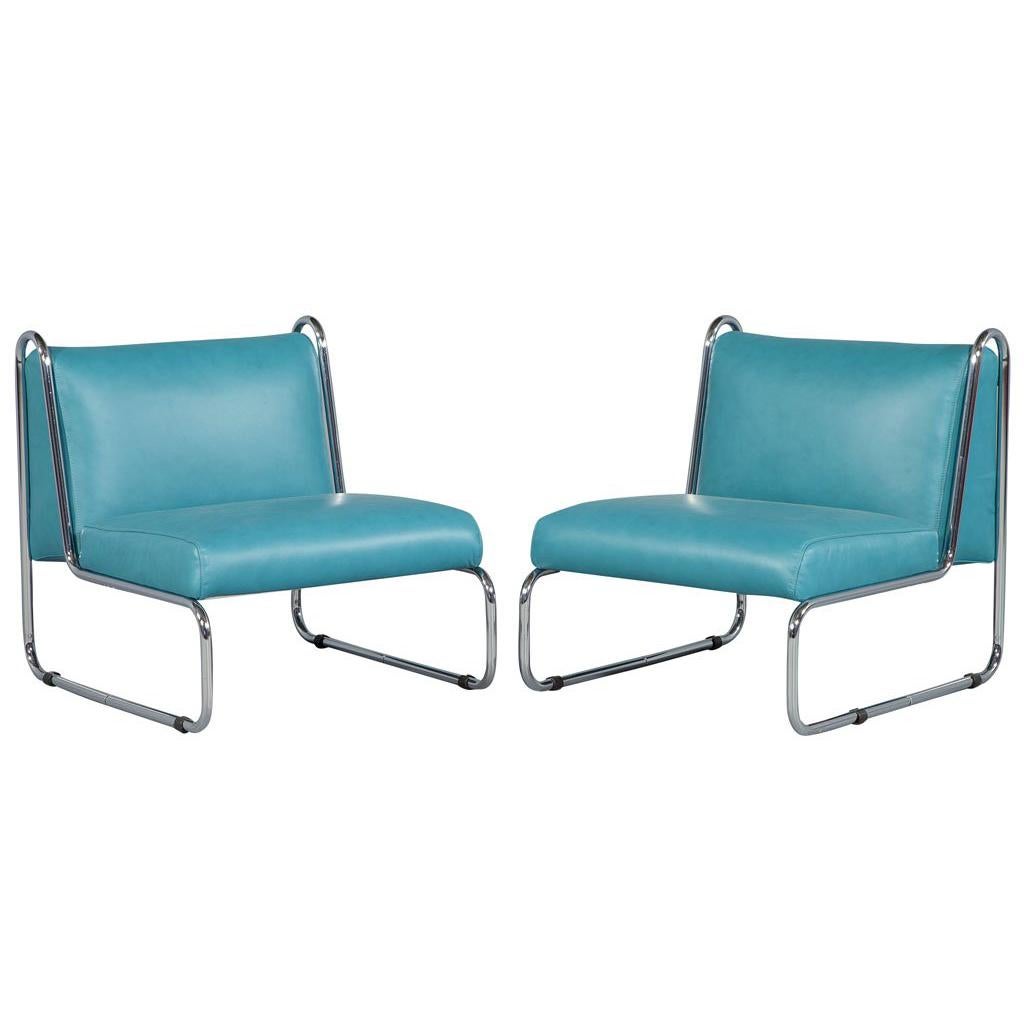 Pair of French Art Deco Chrome Tubular Frame and Leather Lounge Chairs