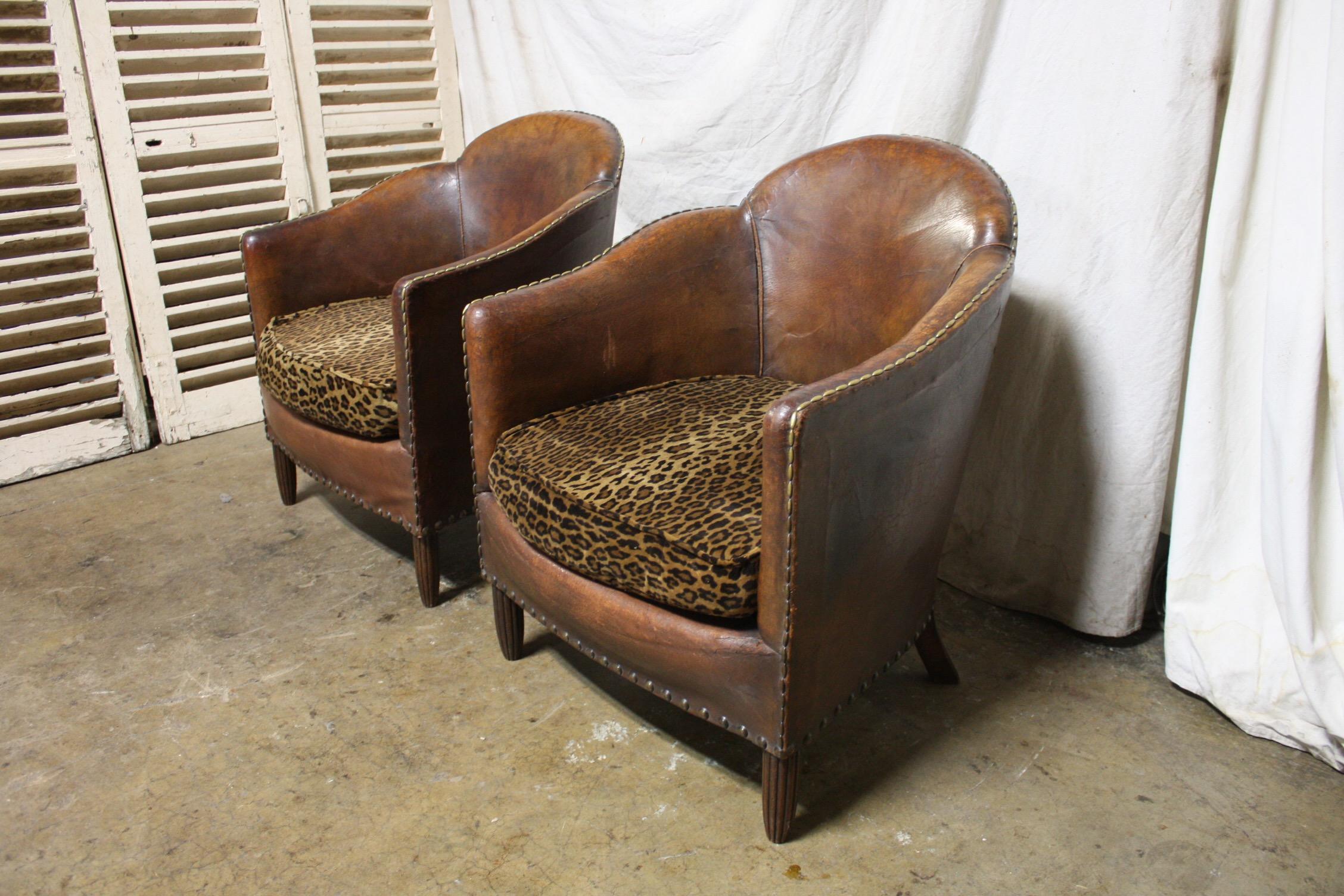 Leather Pair of French Art Deco Club Chairs