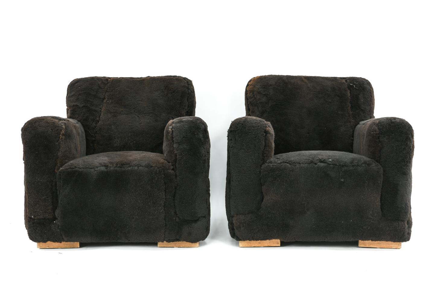 Pair of French Art Deco Club Chairs in Brown Lamb's Wool 7