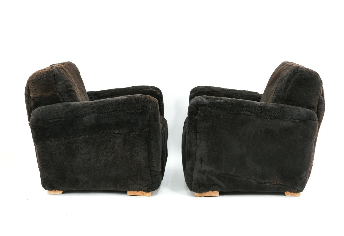 Pair of French Art Deco Club Chairs in Brown Lamb's Wool 3