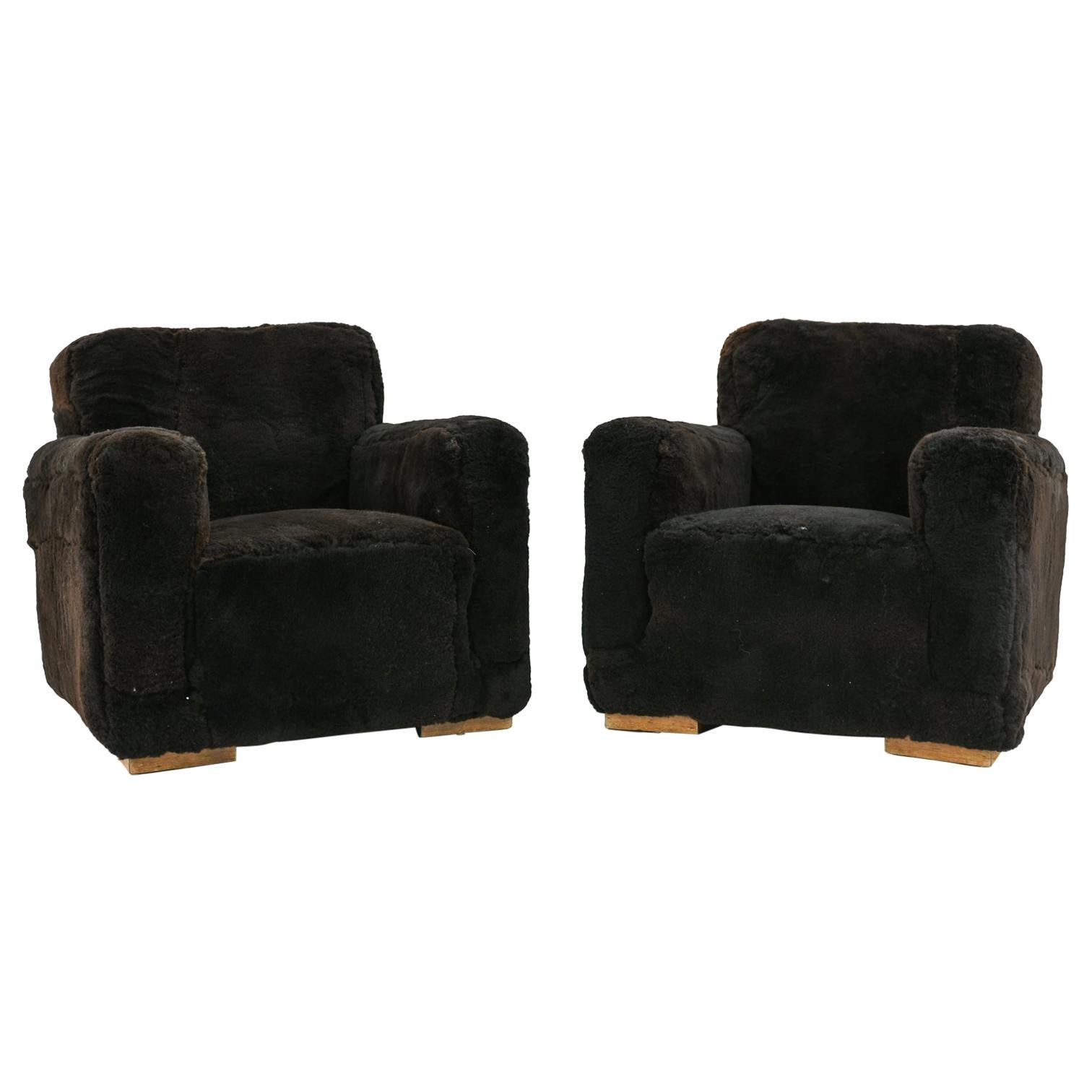 Pair of French Art Deco Club Chairs in Brown Lamb's Wool