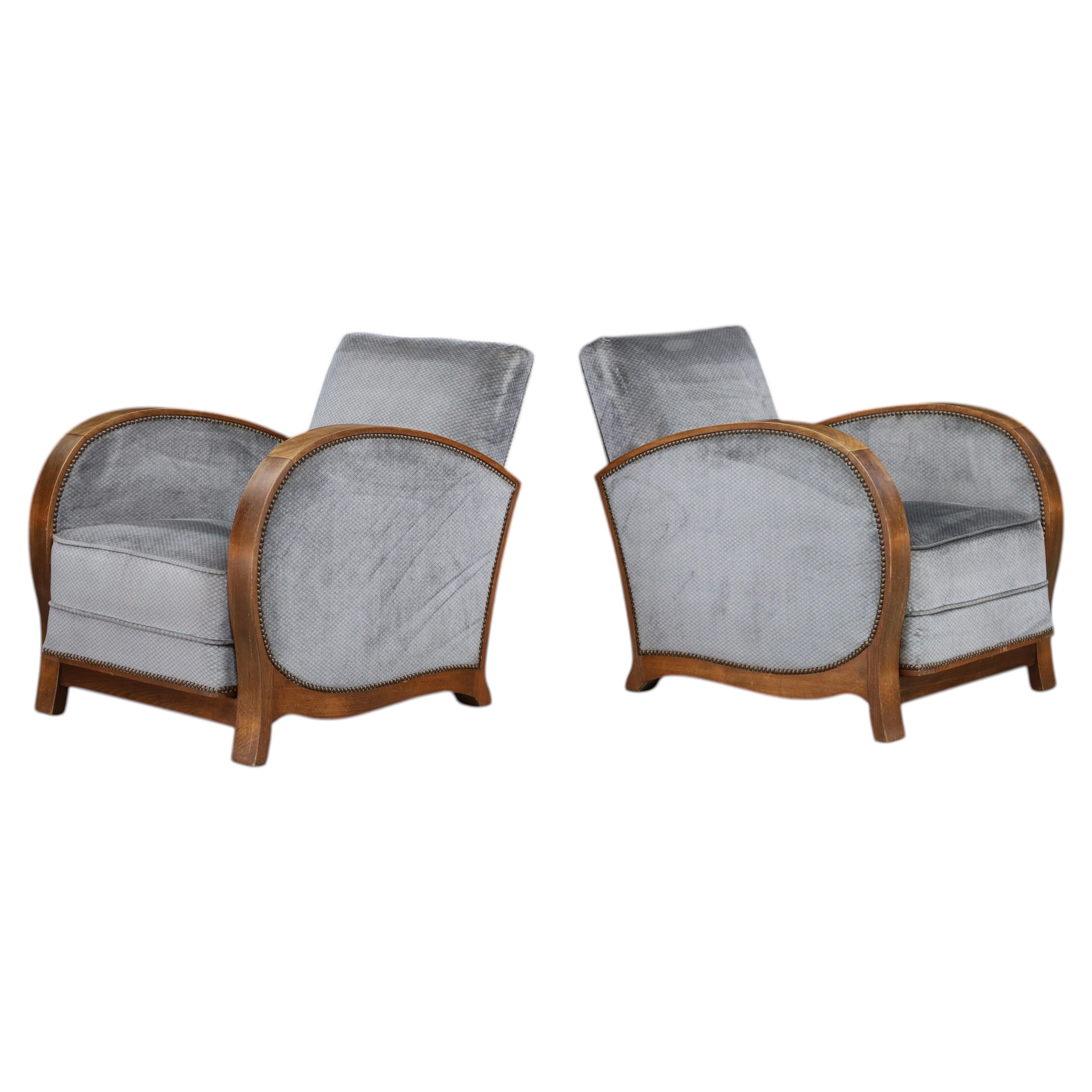 Pair of French Art Deco Club Chairs in Solid Wood with Original Upholstery 1930s