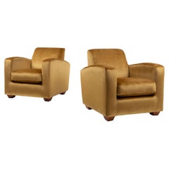 Pair of French Art Deco Club Chairs in Walnut Wood with Silk Velvet Upholstery