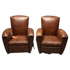 Jacques Adnet Style Art Deco Club Chairs, Distressed Brown Leather, France 1930s