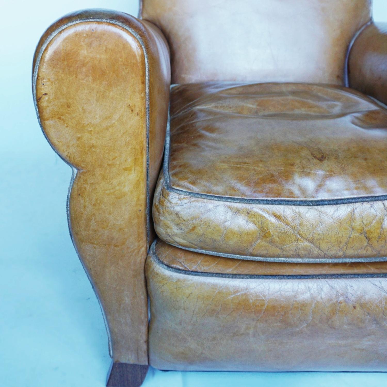 Pair of French Art Deco Club Chairs Upholstered in Brown Leather Circa 1940 2