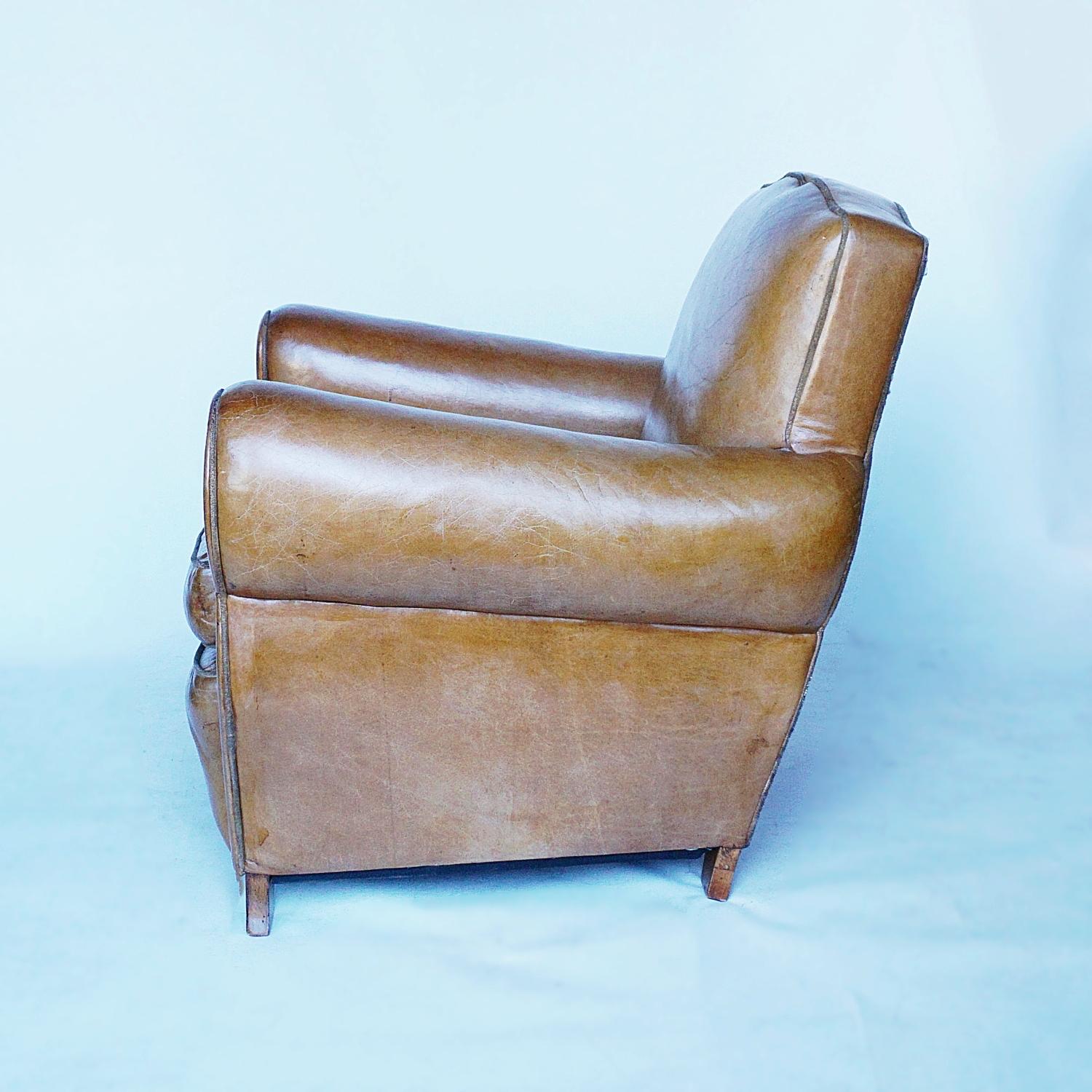 Pair of French Art Deco Club Chairs Upholstered in Brown Leather Circa 1940 3