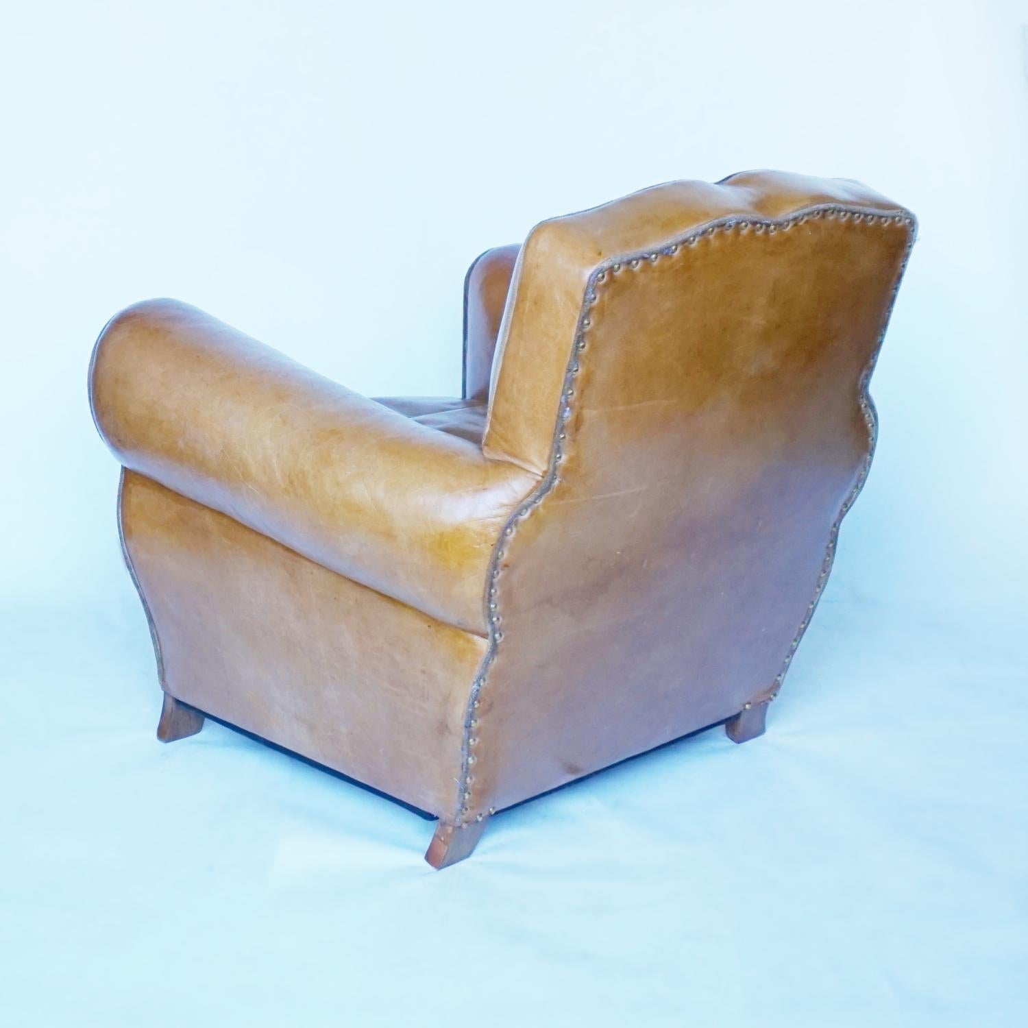 Pair of French Art Deco Club Chairs Upholstered in Brown Leather Circa 1940 4