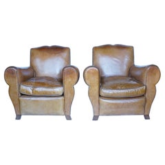 Antique Pair of French Art Deco Club Chairs Upholstered in Brown Leather Circa 1940