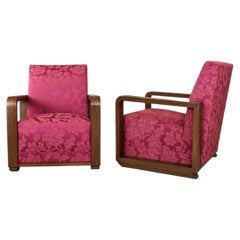 Pair of French Art Deco Club Chairs with Sculptural Walnut Arms, 1930s