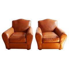 Paar französische Art Déco Clubsessel aus Cognacleder