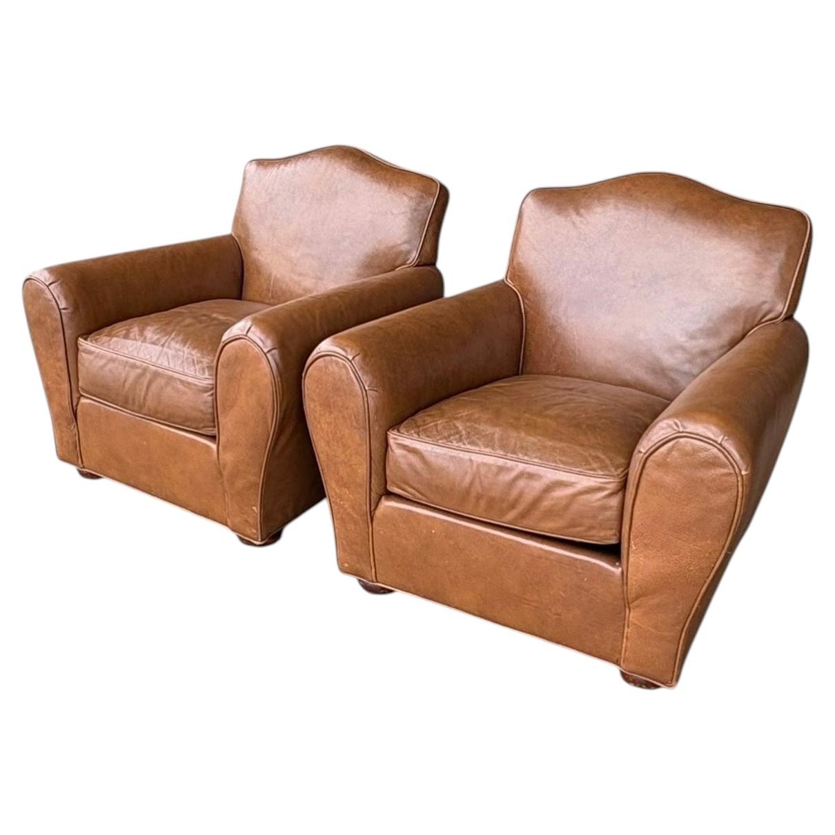 Pair of French Art Deco Cognac Leather Club Chairs