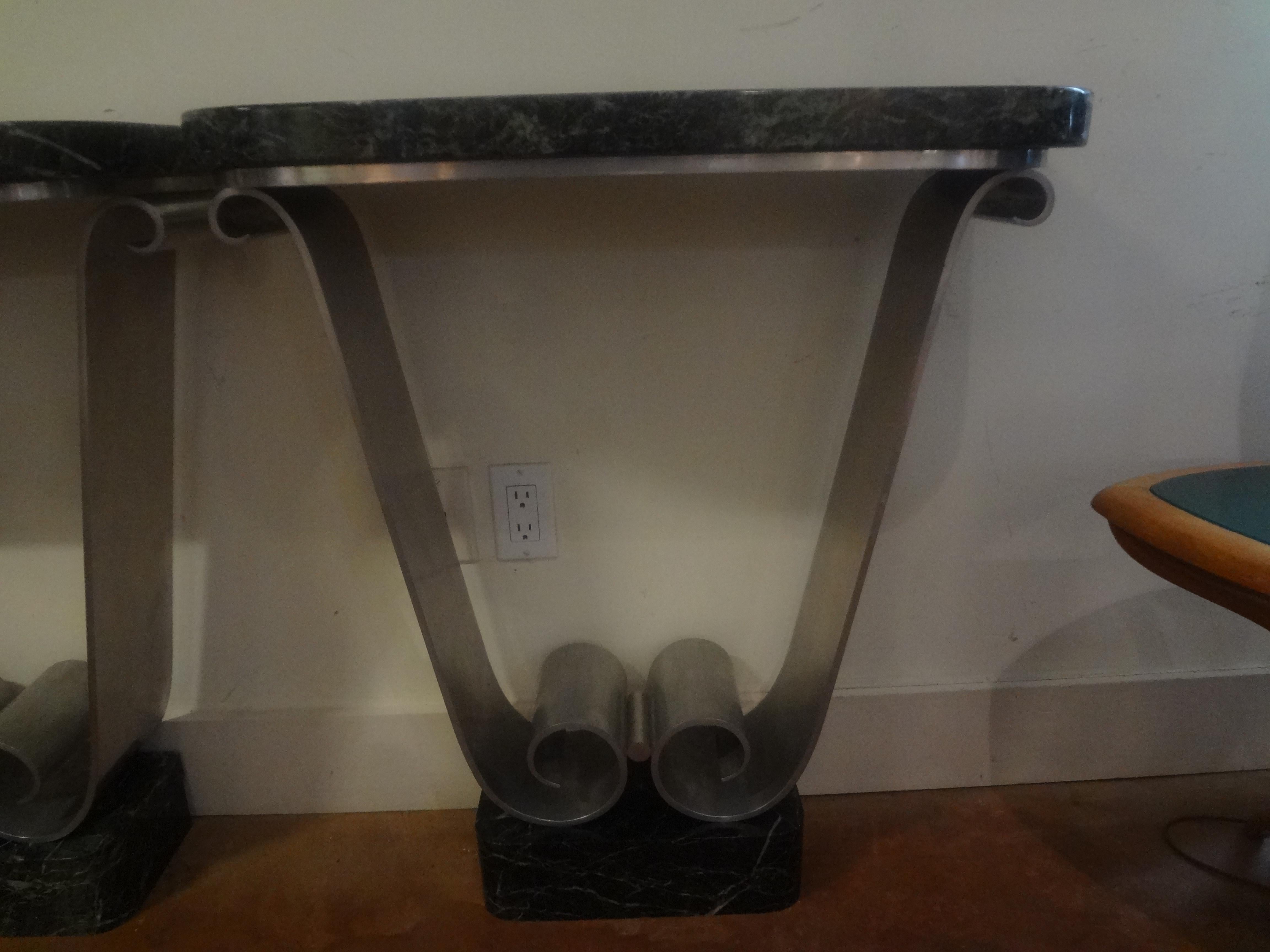 Brushed Pair Of French Art Deco Console Tables Attributed To André Arbus For Sale