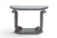Pair of French Art Deco Consoles Hammered Steel & Verde Marble