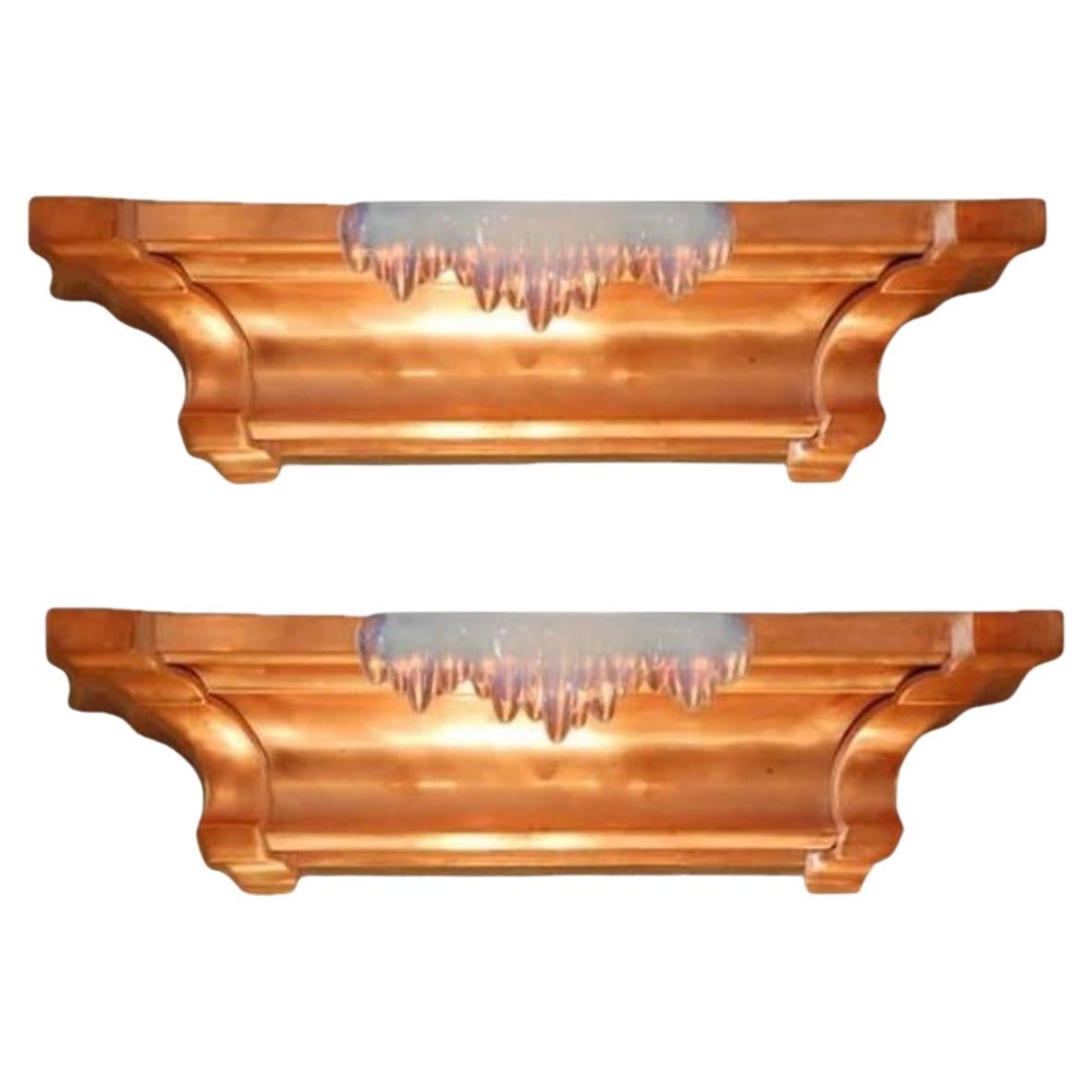 Pair of French Art Deco Copper and Opalescent Glass Icicle Sconces by Ezan For Sale