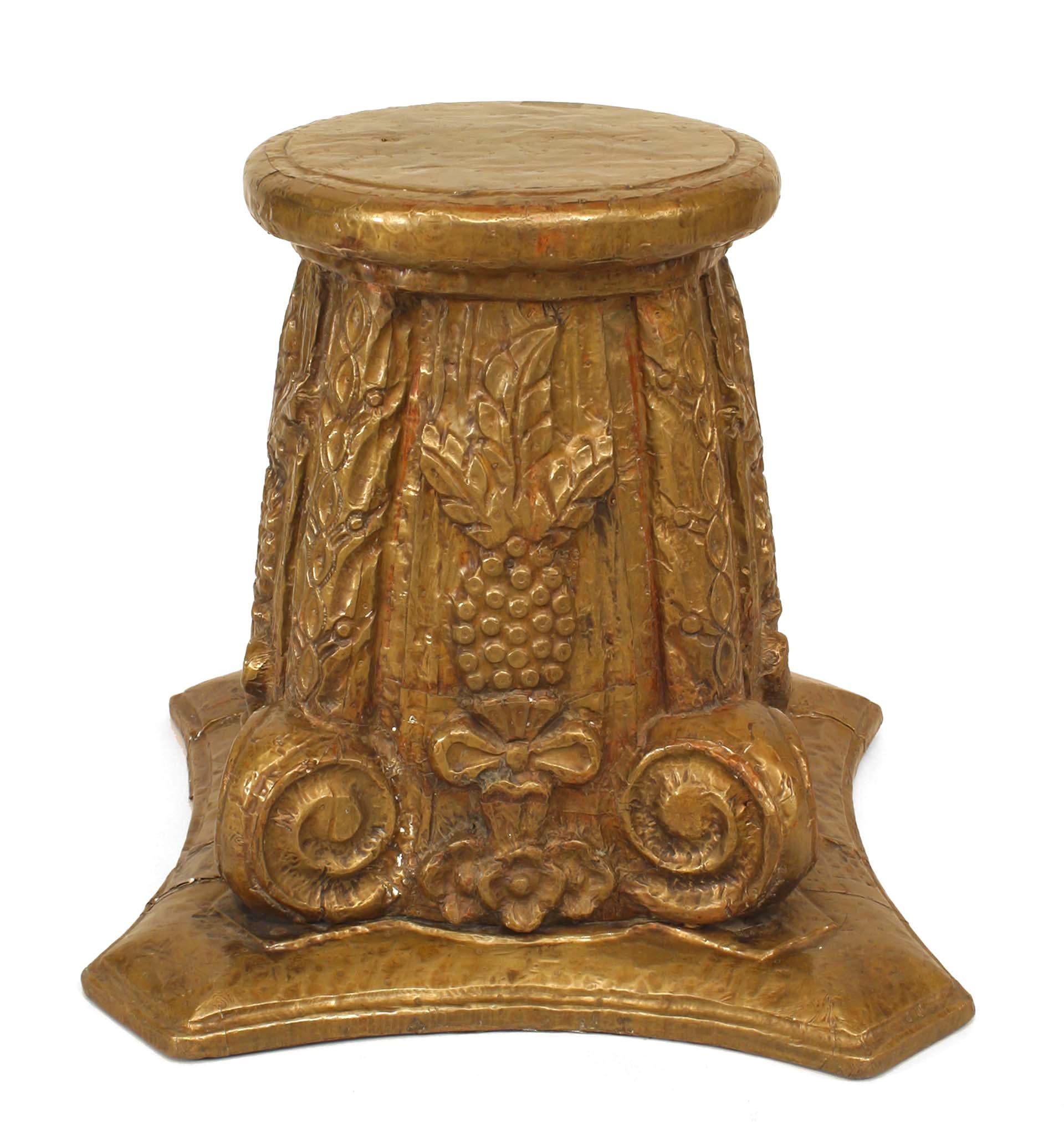 Pair of French Art Deco Corinthian column-form taborets / end table bases in embossed brass over wood with floral and scroll design. (PRICED AS Pair)
