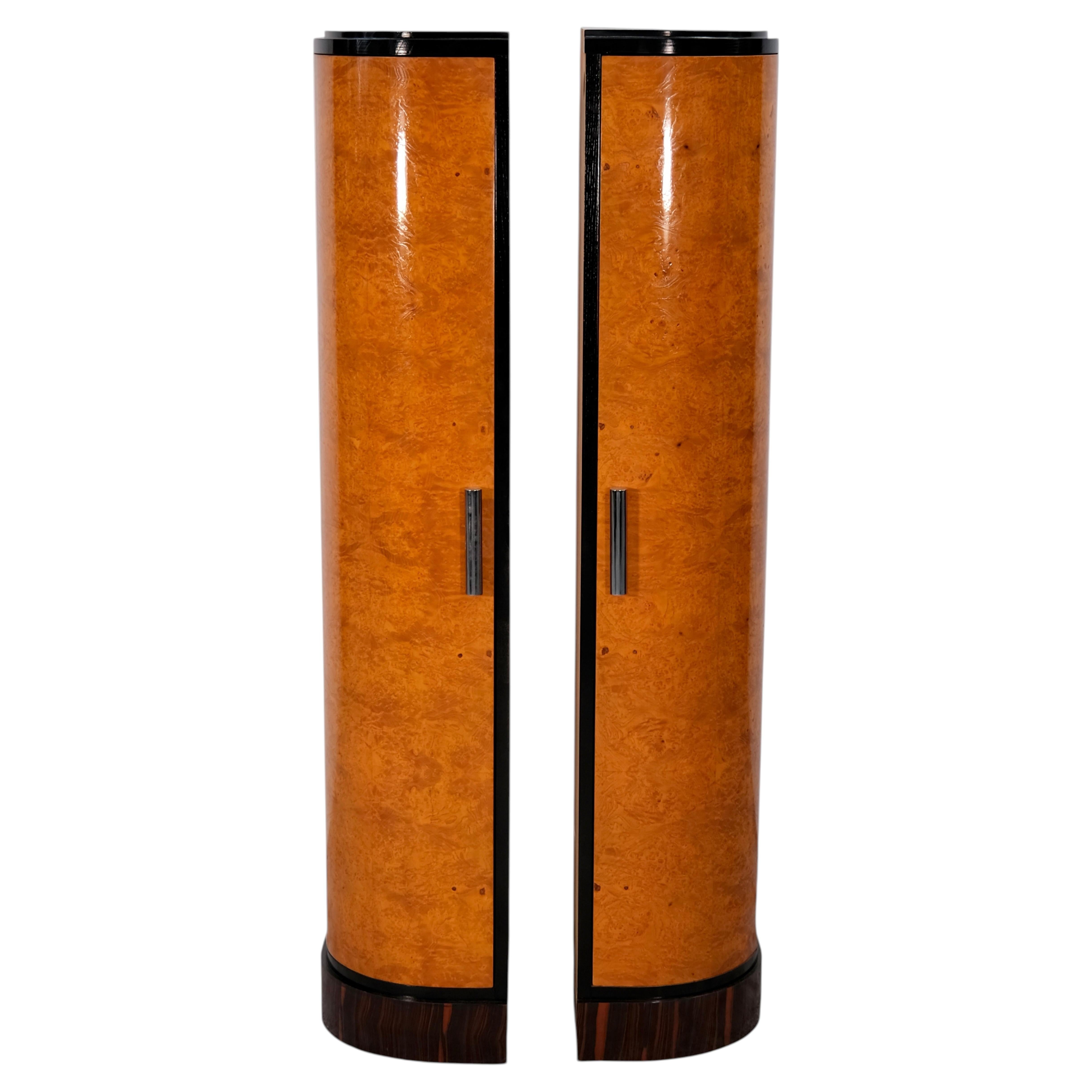 Pair of French Art Deco Corner Cabinets, Elm Burl & Macassar, 1930s