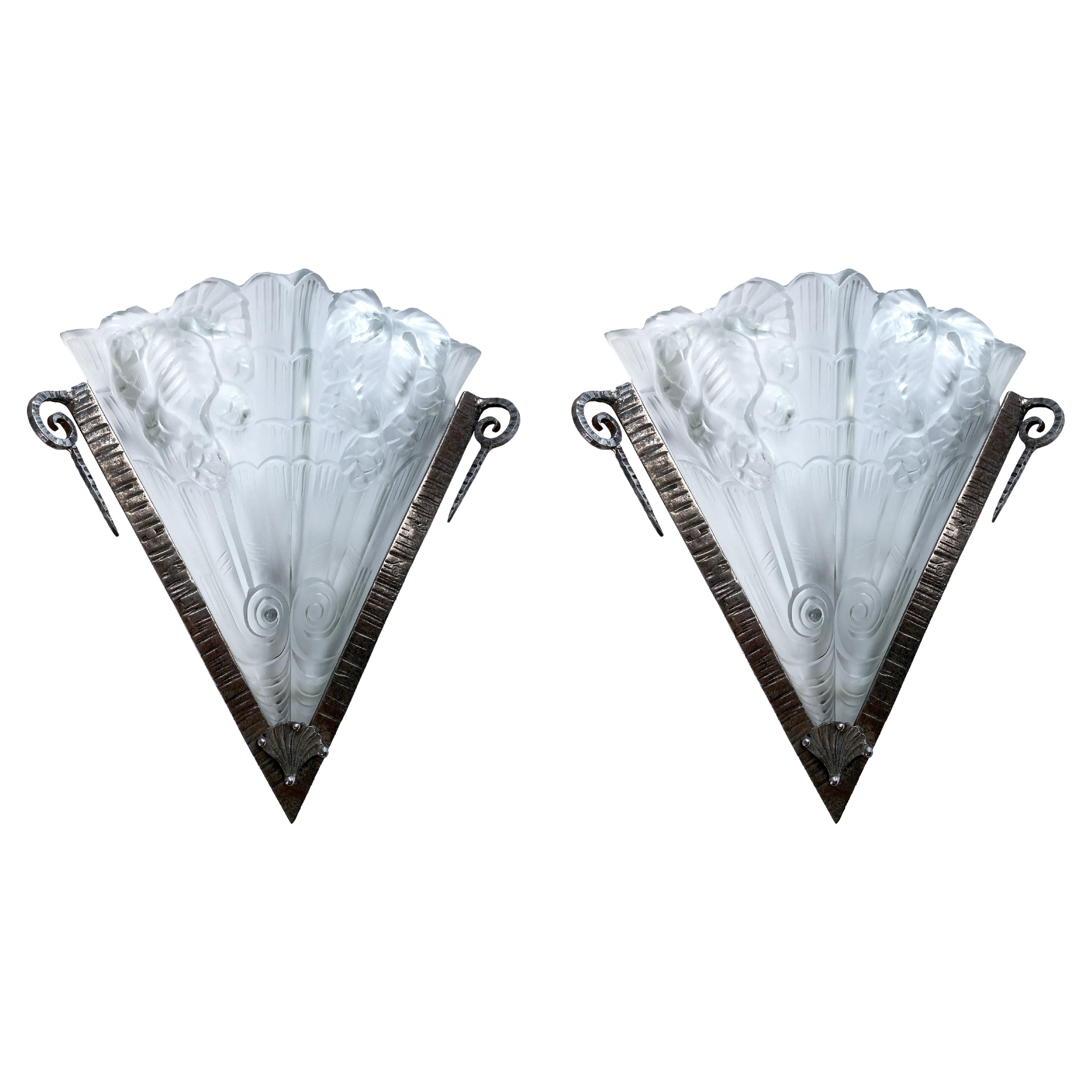 Pair of French Art Deco Corner Wall Sconces by Noverdy