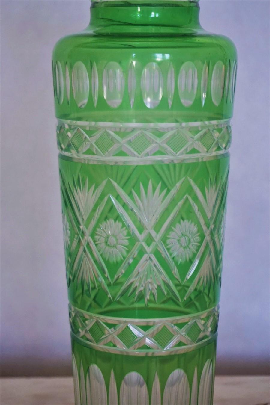 20th Century Pair of French Art Deco Crystal Vases Green Cut to Clear