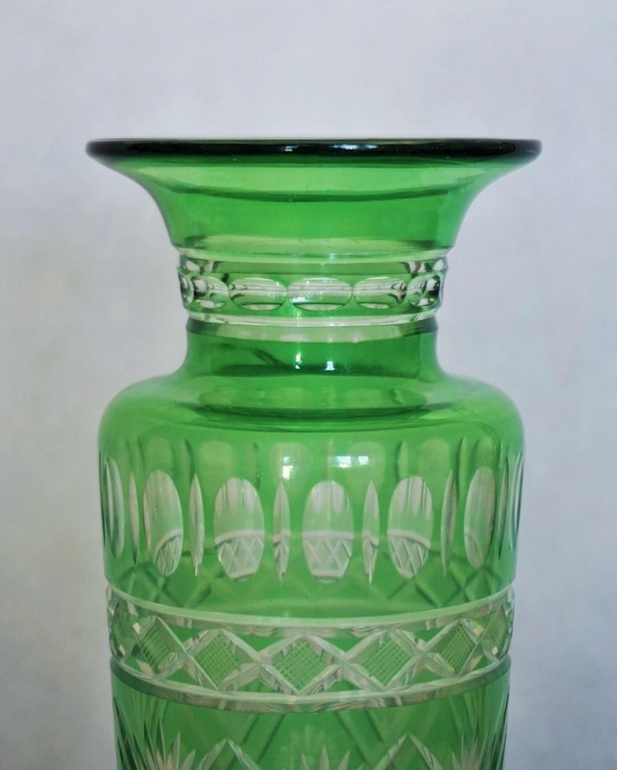 Pair of French Art Deco Crystal Vases Green Cut to Clear 3