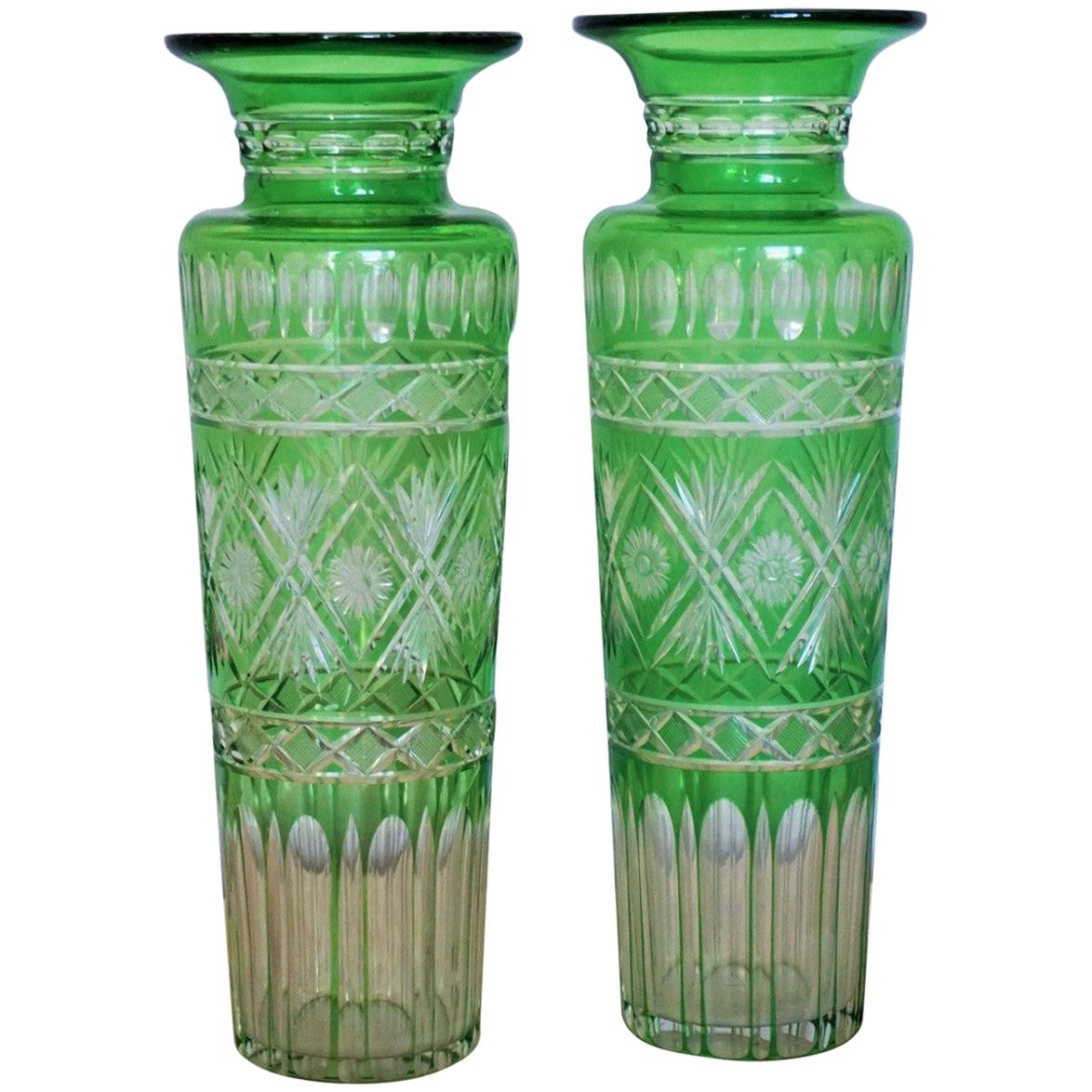 Pair of French Art Deco Crystal Vases Green Cut to Clear For Sale at 1stDibs