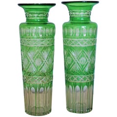 Pair of French Art Deco Crystal Vases Green Cut to Clear