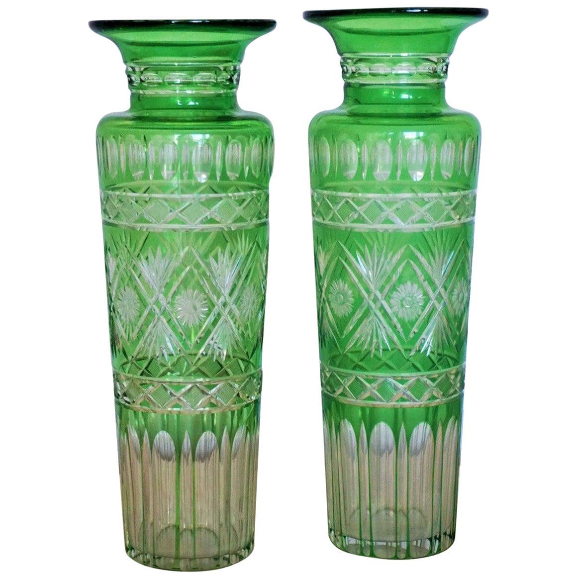 Pair of French Art Deco Crystal Vases Green Cut to Clear For Sale