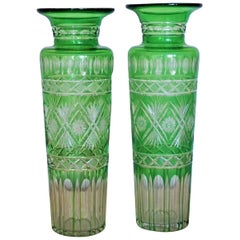 Antique Pair of French Art Deco Crystal Vases Green Cut to Clear