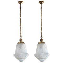 Pair of French Art Deco Cut Frosted Glass Pendant, Lantern Brass Mounted, 1920s
