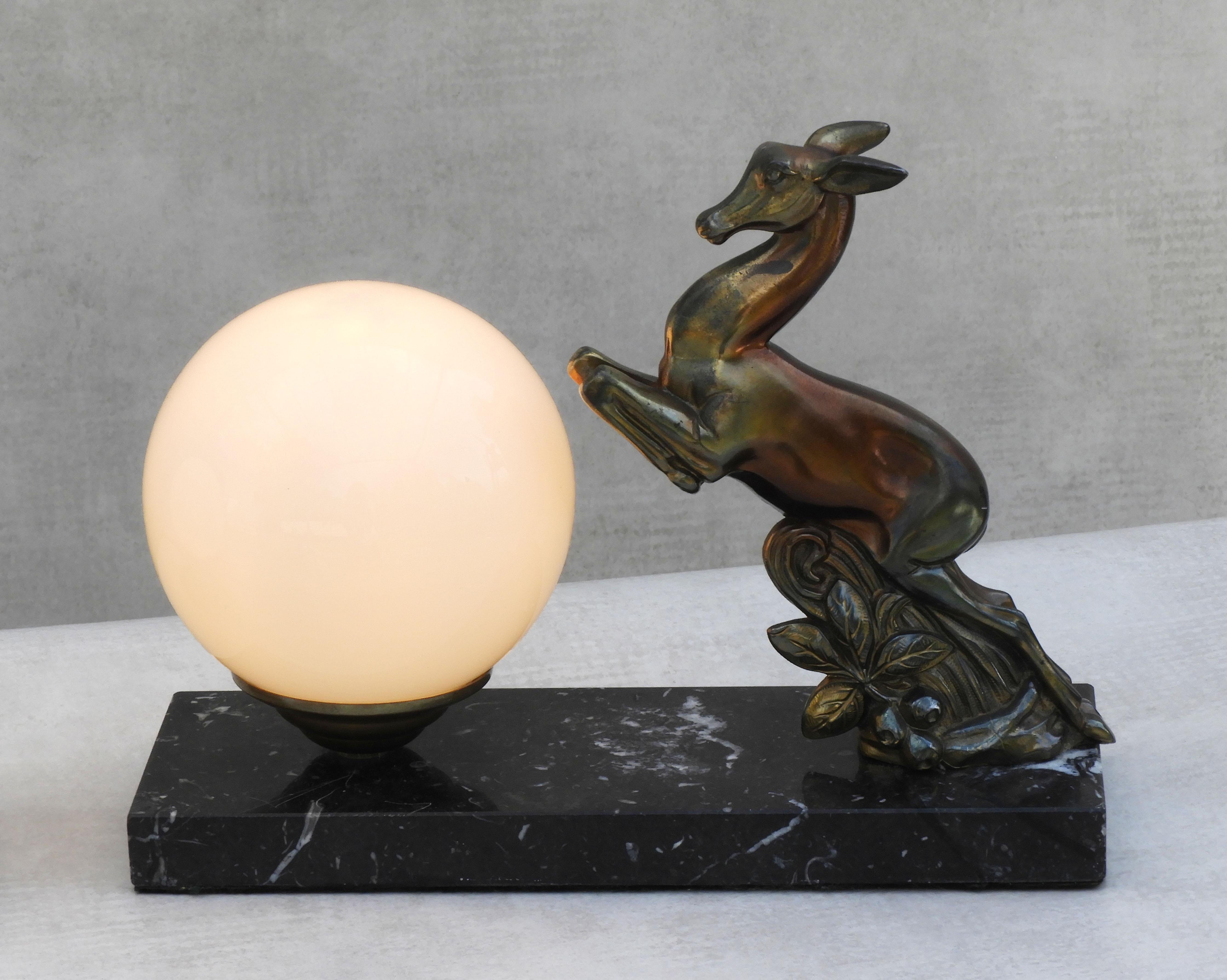 Glass Pair of French Art Deco Deer Table Lamps or Night Light Sculptures C1930 For Sale