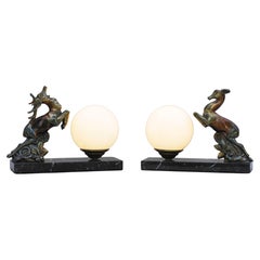 Pair of French Art Deco Deer Table Lamps or Night Light Sculptures C1930