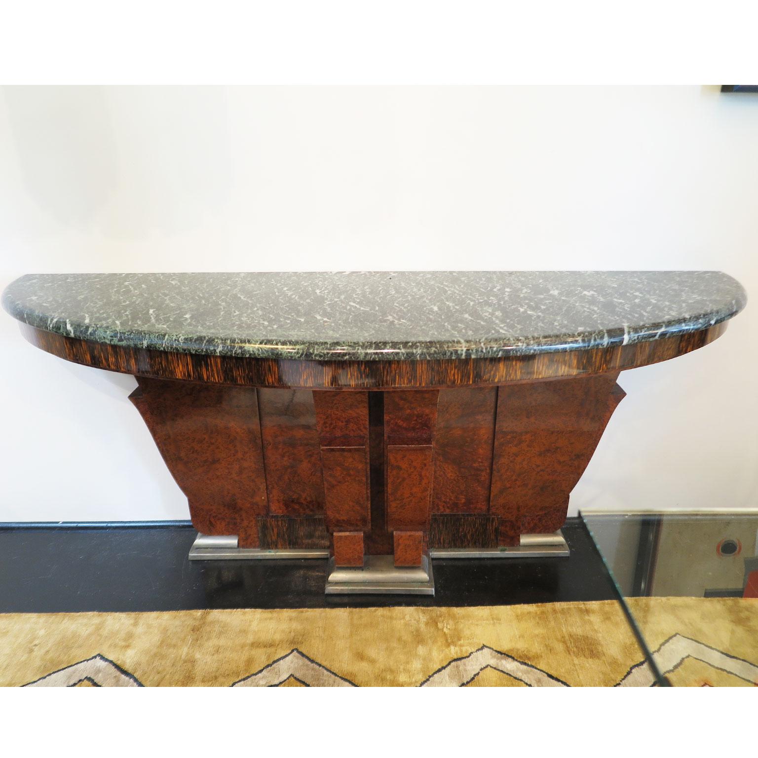 Pair of French Art Deco Demilune Consoles in Burl with Marble Top In Good Condition In Los Angeles, CA