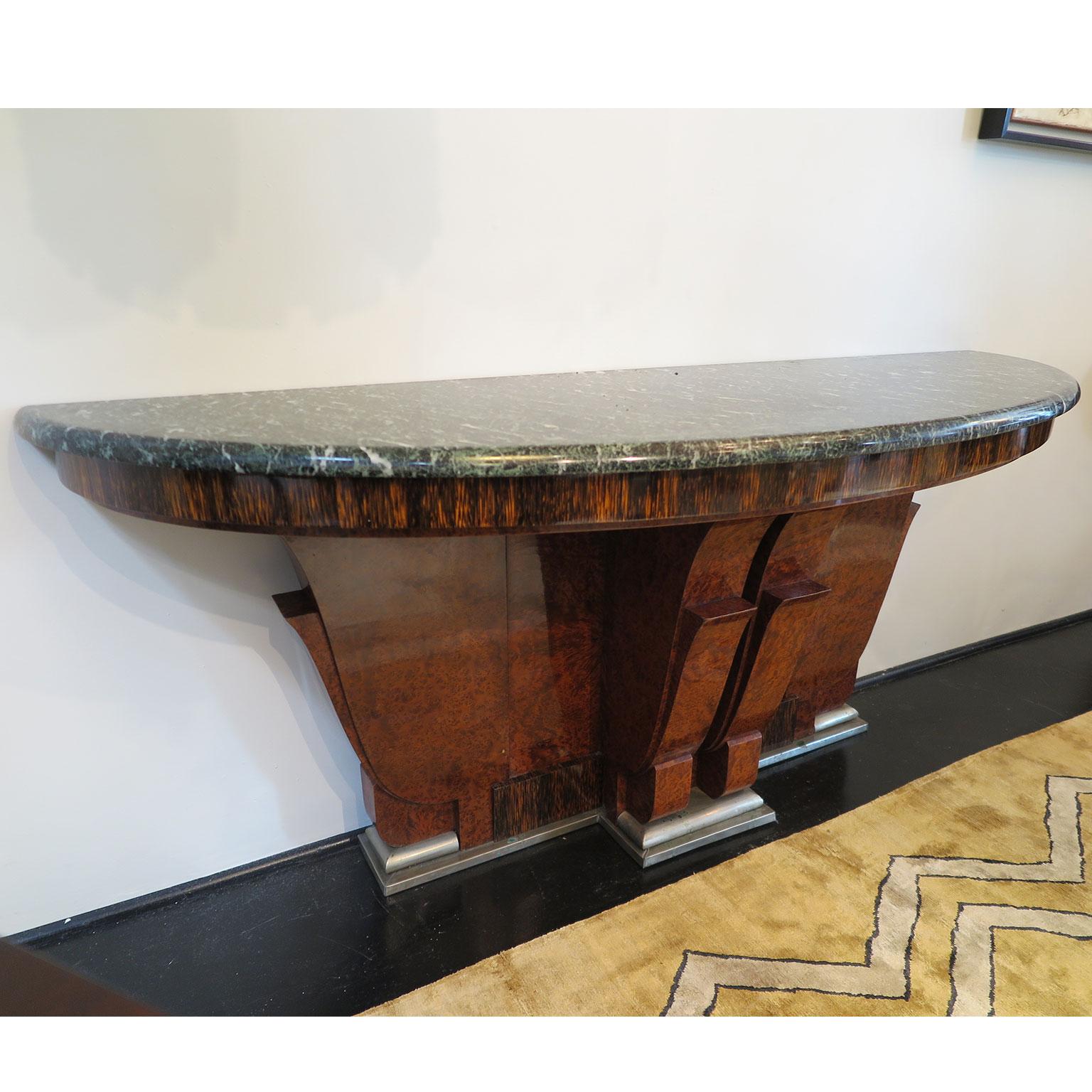 20th Century Pair of French Art Deco Demilune Consoles in Burl with Marble Top