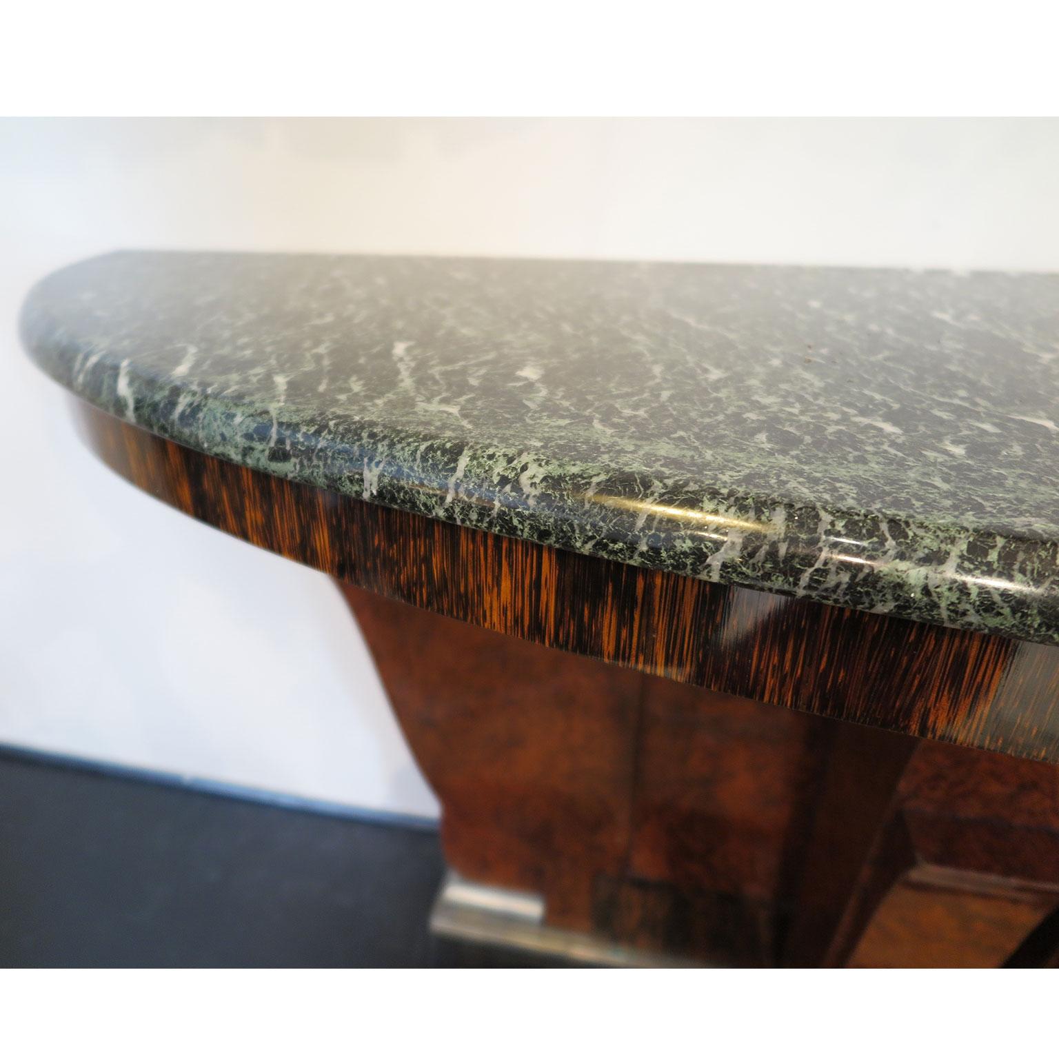 Nickel Pair of French Art Deco Demilune Consoles in Burl with Marble Top