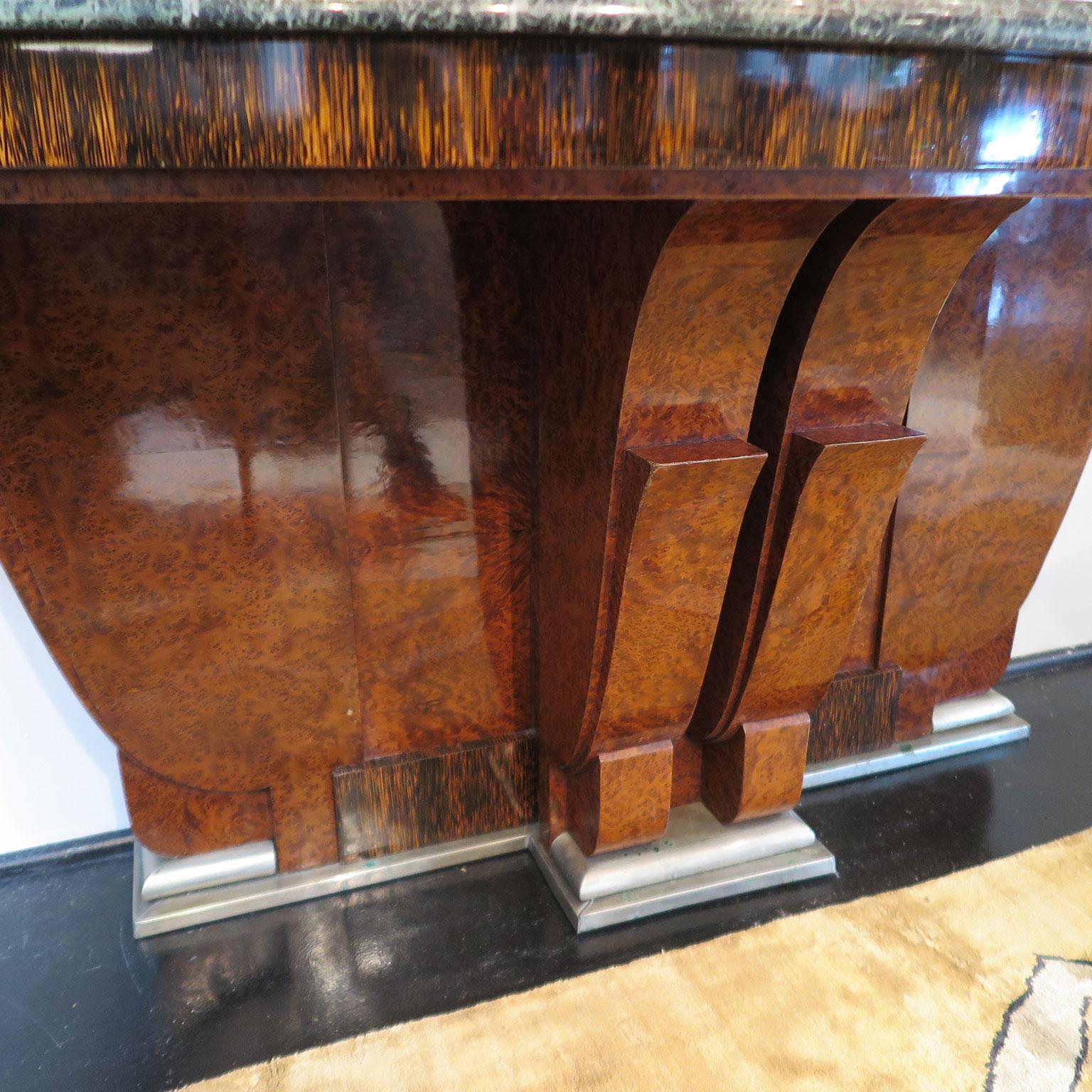Pair of French Art Deco Demilune Consoles in Burl with Marble Top 1